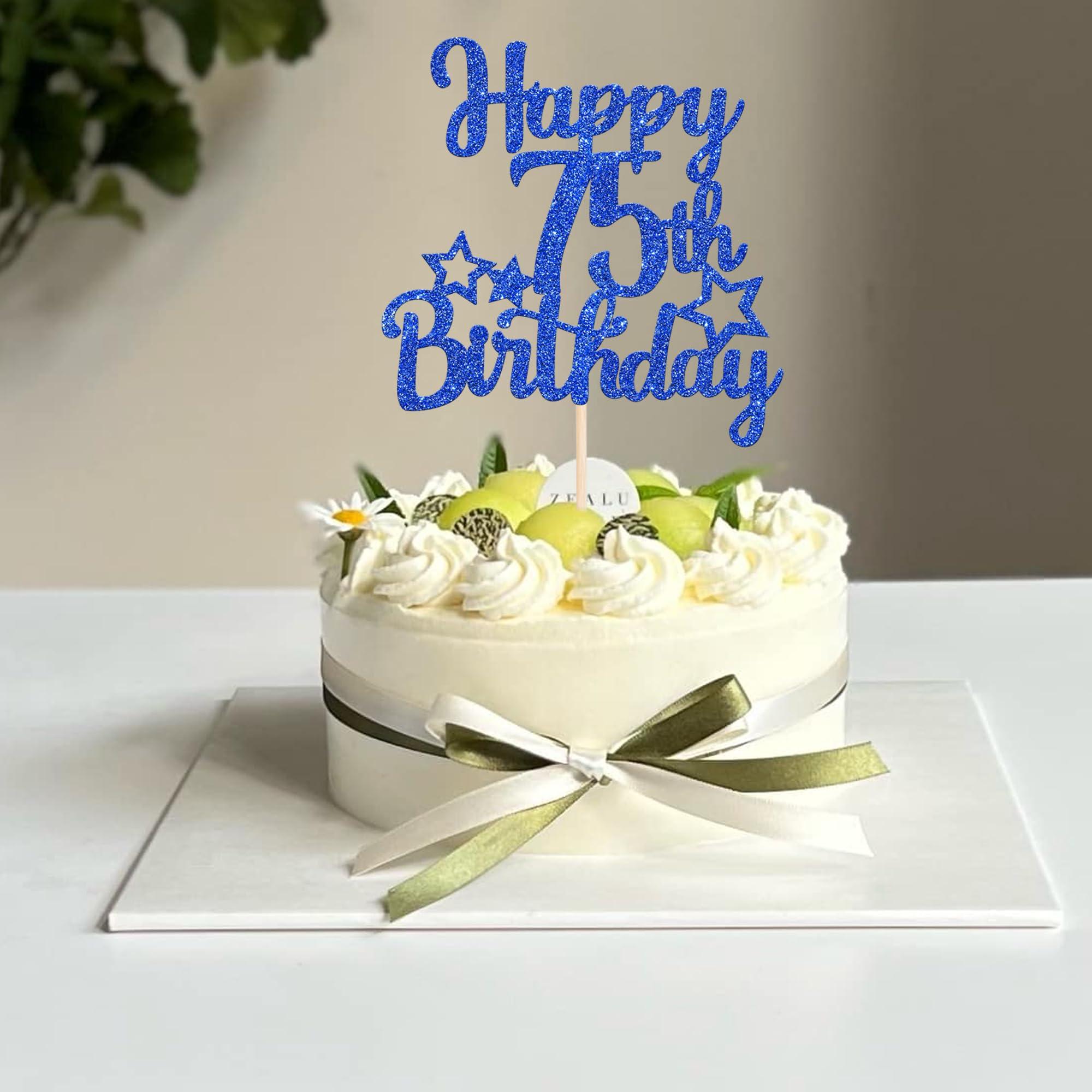 YCTHUNFISH 1 Pack Happy 75th Birthday Cake Topper Glitter Little Star 75 Fabulous Cake Pick Birthday Sign Cake Decorations for 75th Birthday Theme Party Supplies Dark Blue