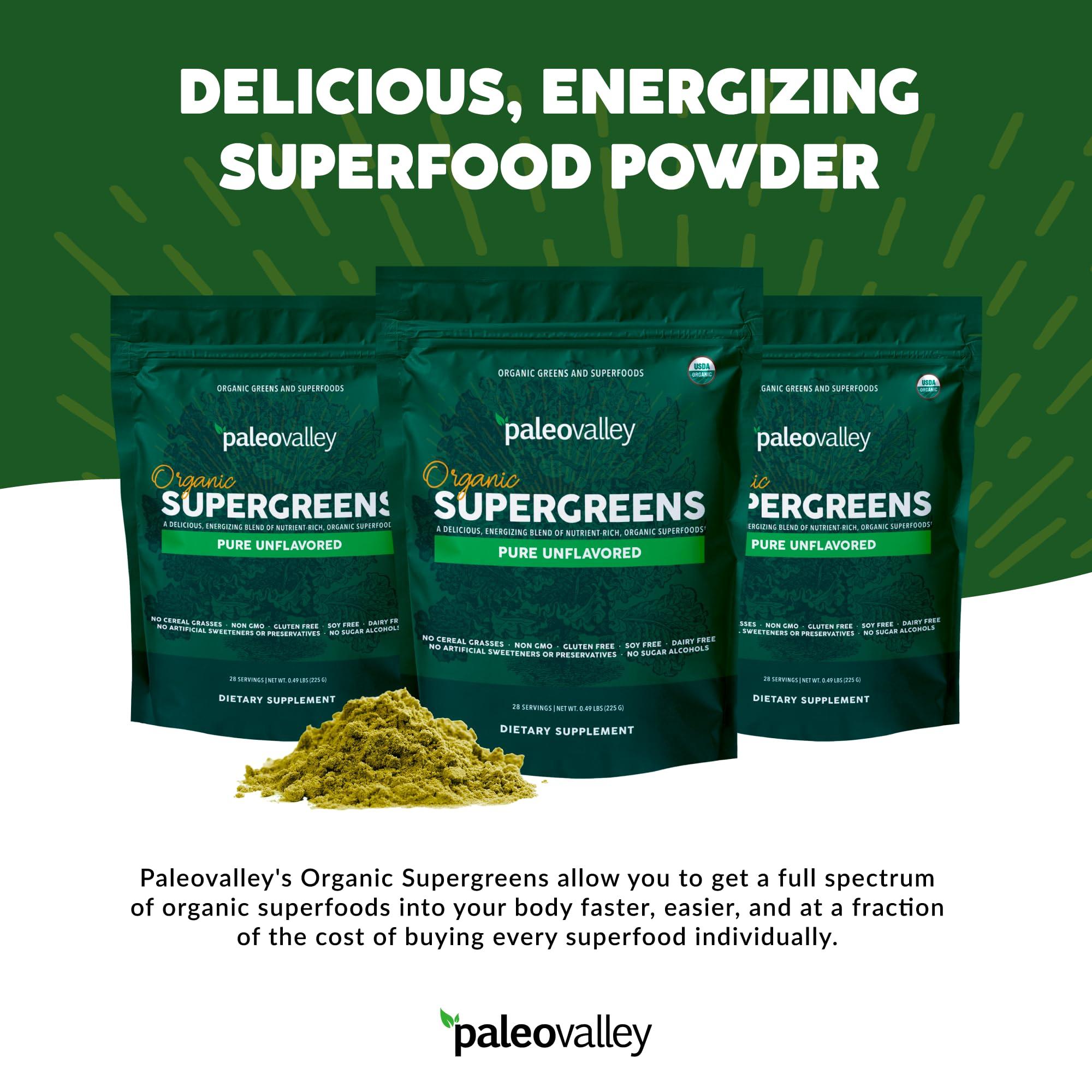 Paleovalley Paleovalley Organic Supergreens Powder - 23 Superfoods with Prebiotic Fiber for Energy and Immunity Support - No Cereal Grasses for Maximum Absorption - Pure Unflavored, 30 Servings