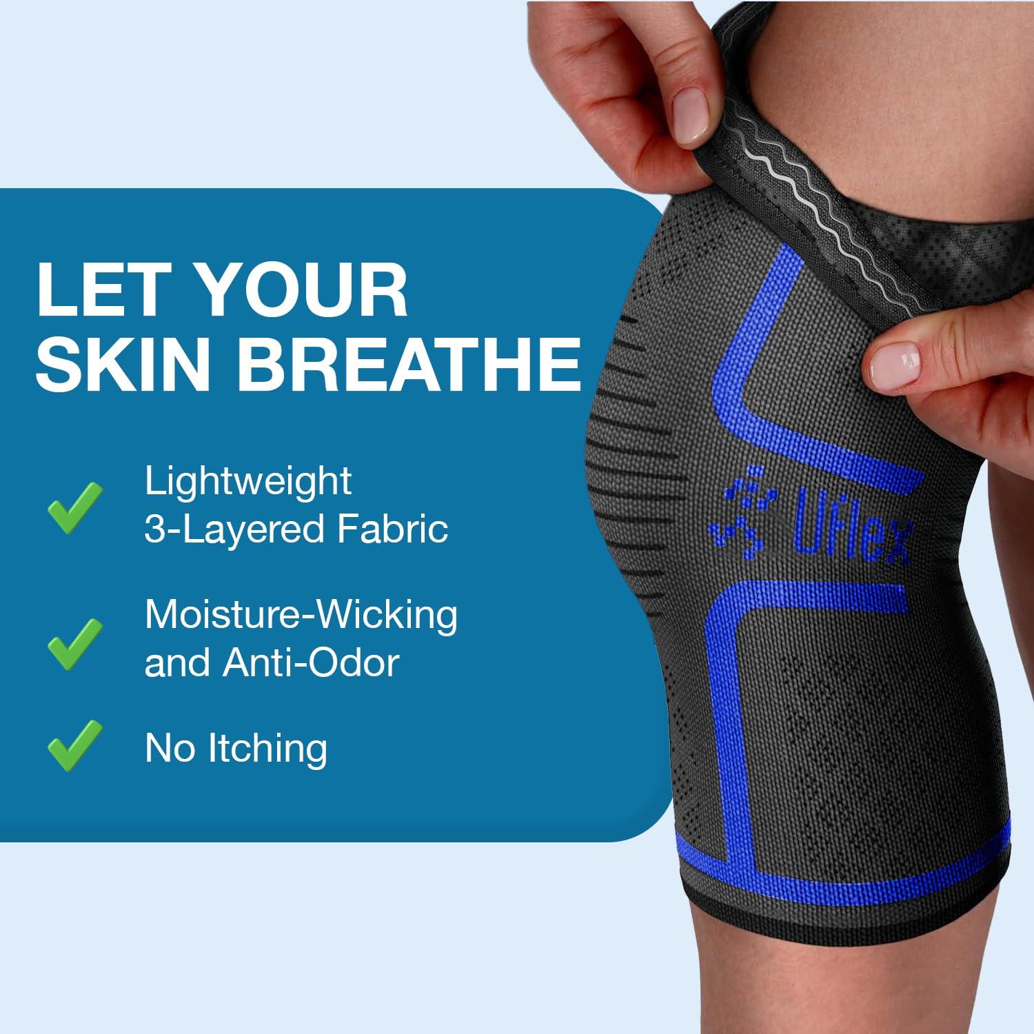 UFlex Athletics UFlex Athletics Knee Compression Sleeve Support for Women and Men - Knee Brace for Pain Relief, Fitness, Weightlifting, Hiking, Sports - Blue, Large