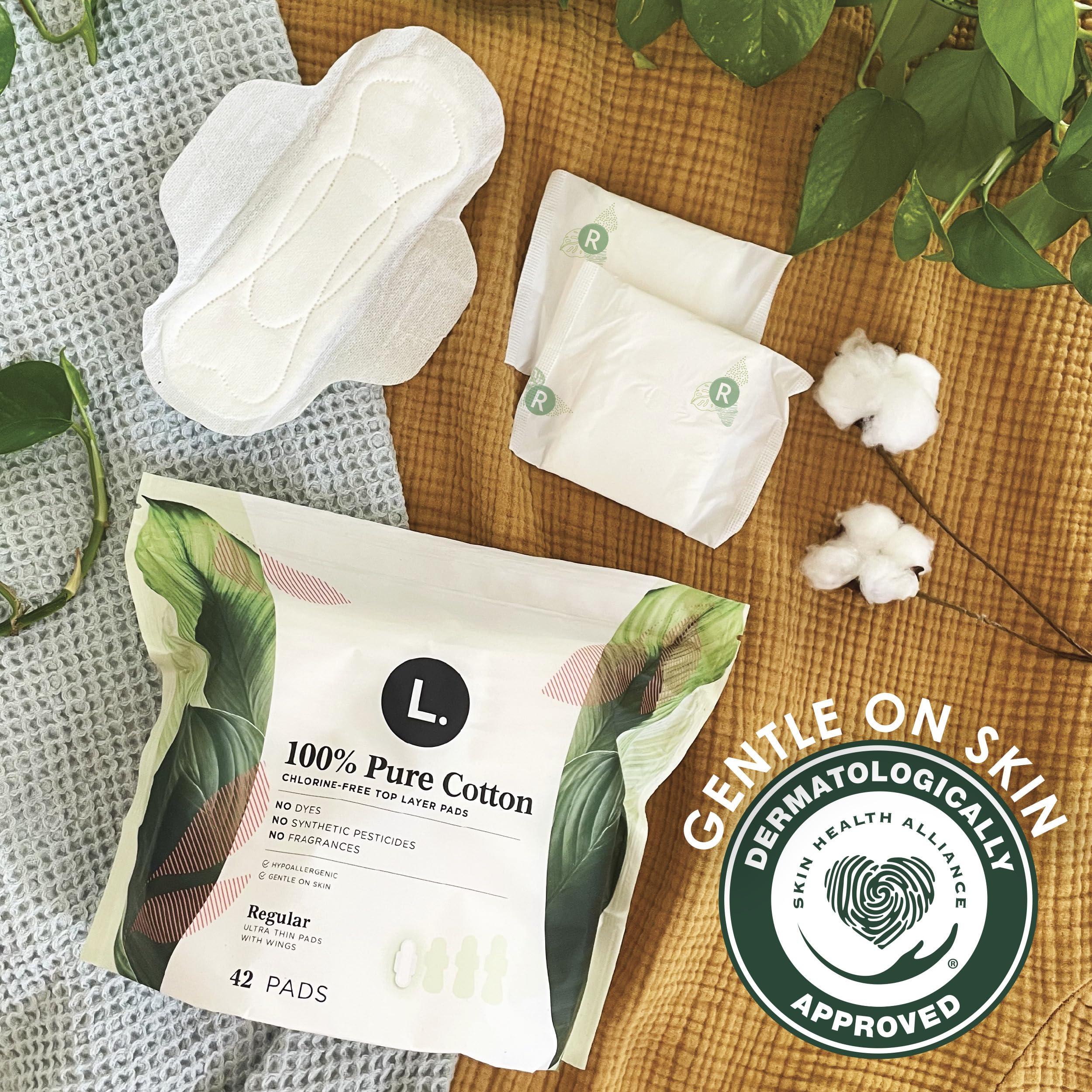 L. L. Ultra Thin Pads for Women, Super Absorbency, 100% Pure Cotton Top Layer, Unscented Pads with Wings, 56 Count Total