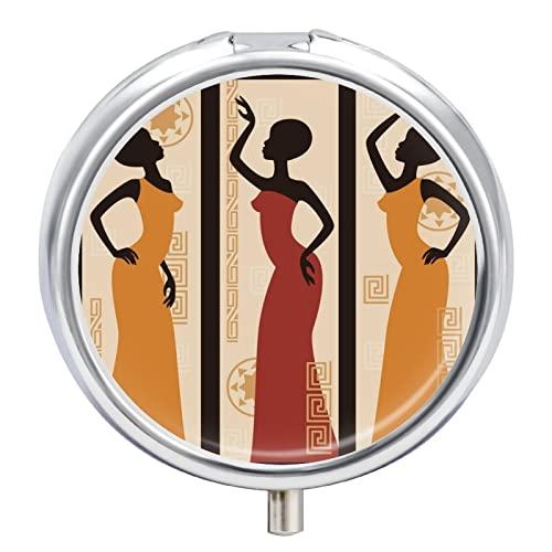 Oyihfvs Afro Black Woman Classic African American Women Iron Pill Box Case Organizer with Internal Separate Plastic Dividers, Travel Small Medicine Bag Holder Carrier Round Container