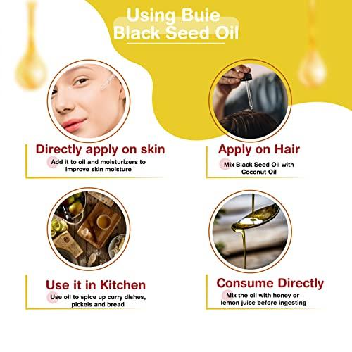 BUIE HOLISTIC HERBS BUIE Black Seed Oil | Black Cumin Seed Oil (Nigella Sativa Oil) | Un-Refined, Cold Pressed Extra Virgin Oil | with 4.5 to 6% Thymoquinone & Omega 3 6 9 | 8 FL Oz