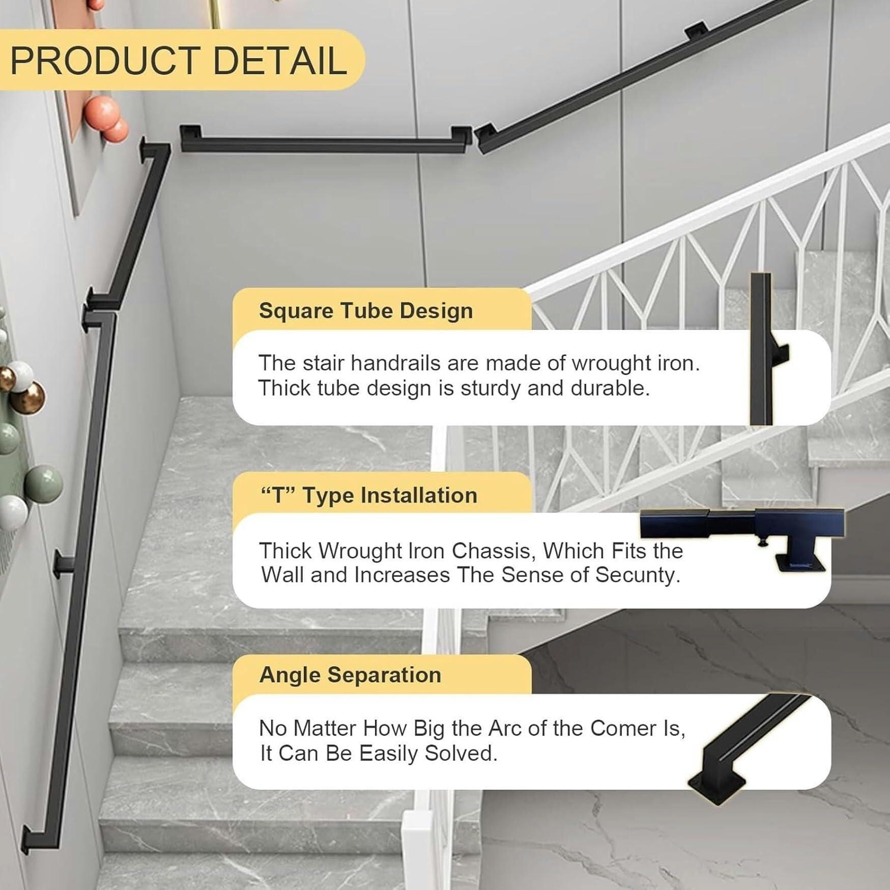 NUHGFTYBF Black Stair Handrail, 1ft-20ft Metal Staircase Handrails Stairs Indoor and Outdoor Galvanized Industrial Iron Pipe Stair Railing Wall Balustrade Foot Rail Support(9.2 FT)