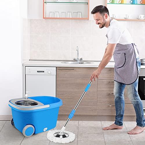 PULNDA Mop and Bucket with Wringer Set, Mop and Bucket on Wheels Floor Cleaning System with Spin Mop Head 61 Inch Refills Extended Stainless Steel Handle for Home Office Household Cleaning