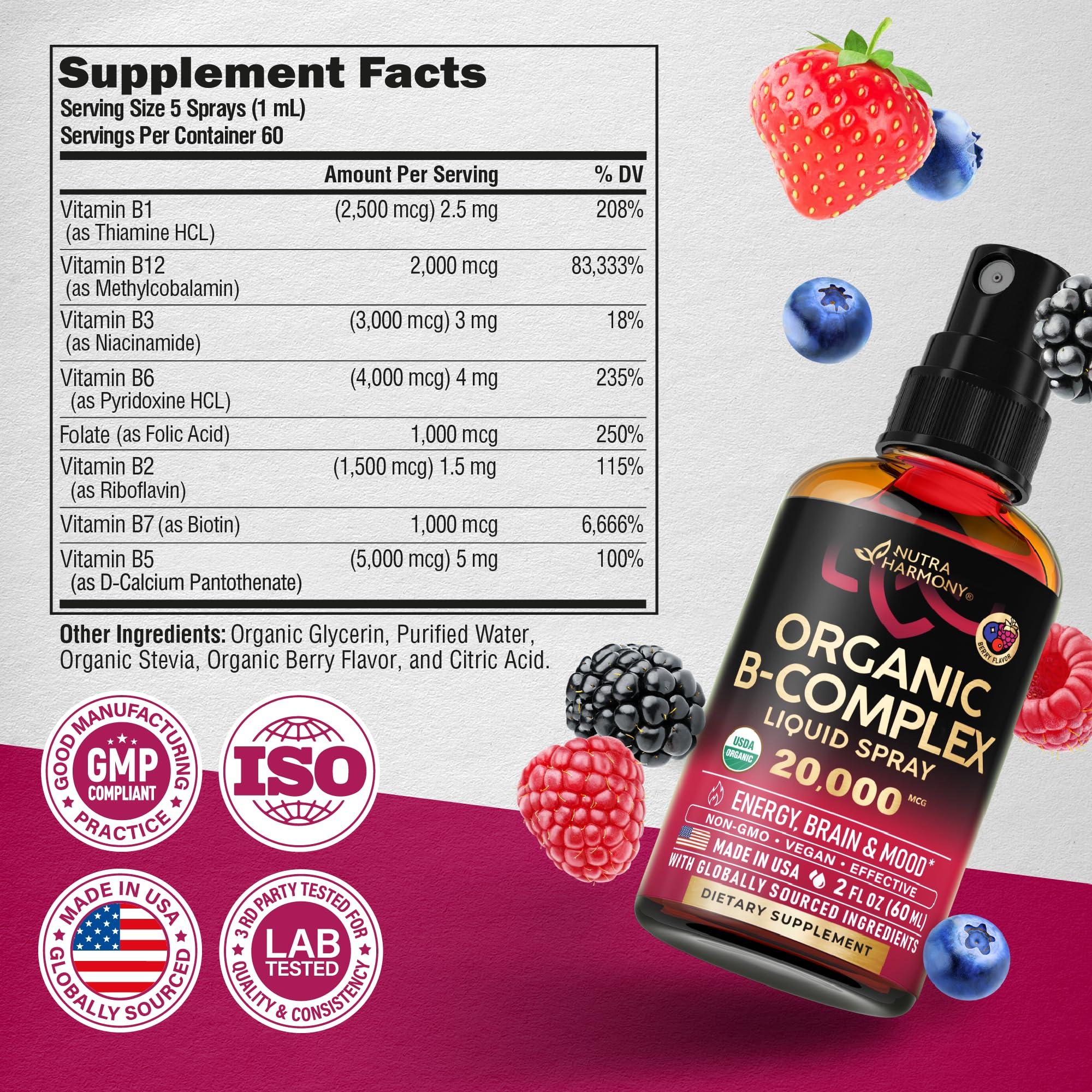 NUTRAHARMONY USDA Organic Vitamin B-Complex Liquid Spray 8-in-1 - B5 Pantothenic Acid | B12 Methylcobalamin | B1 Thiamine | B6 Pyridoxine | B7 Biotin | B9 Folic | B3 Niacinamide - Made in USA Supplement, 2fl oz