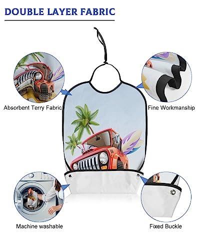 Sabolny Summer Beach Adult Bib for Eating with Crumb Catcher,Washable & Waterproof Terry Cloth Adjustable Elderly Women Men Adult Bibs Funny Apron Reusable Clothing Protector Red Truck Ski Camping Surfing Car