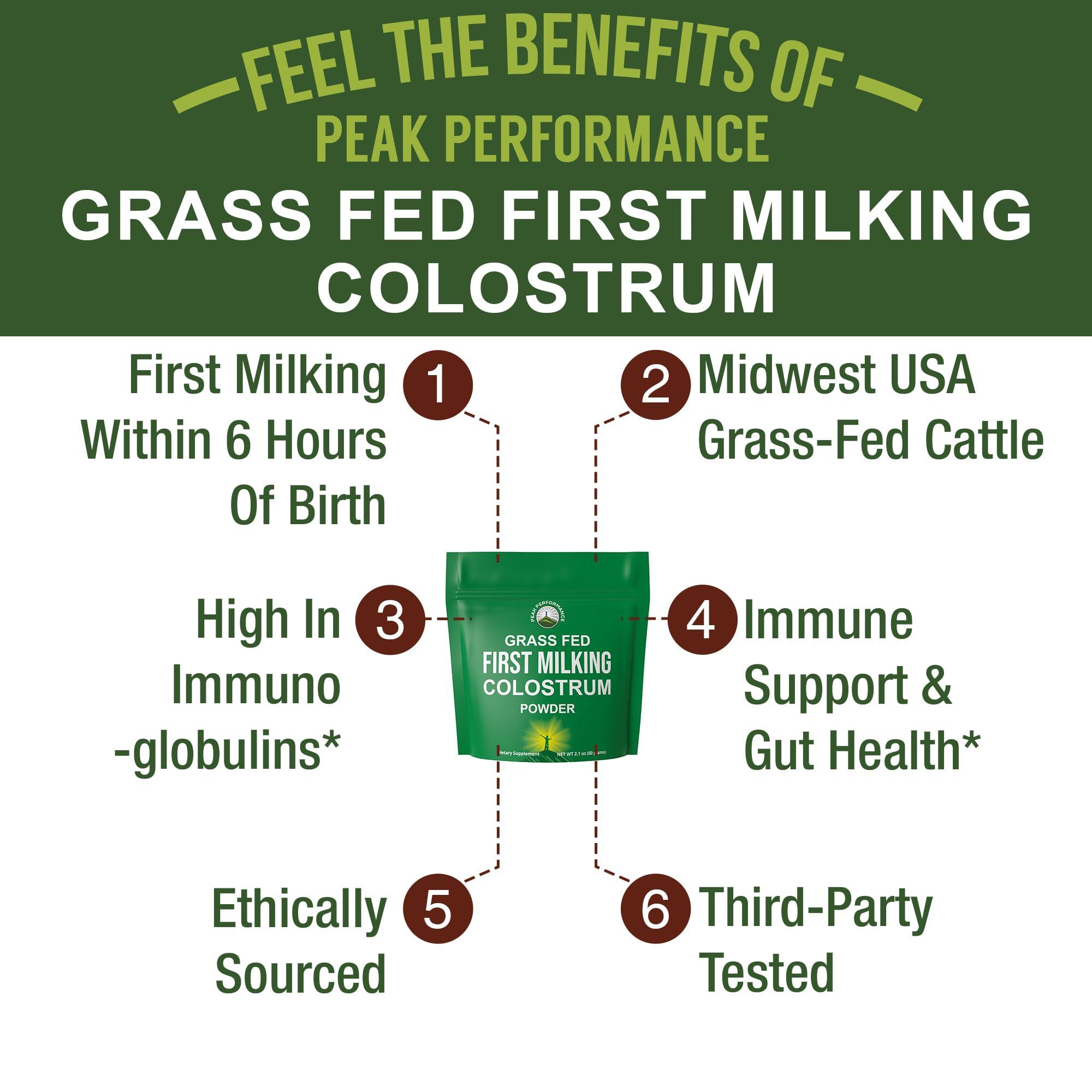 Peak Performance First Milking Colostrum Powder from Grass Fed USA Cows Milked Within 6 Hours of Giving Birth to Get The Most Bioactive Nutrients. High Immunoglobulin Bovine Colostrum Supplement for Humans