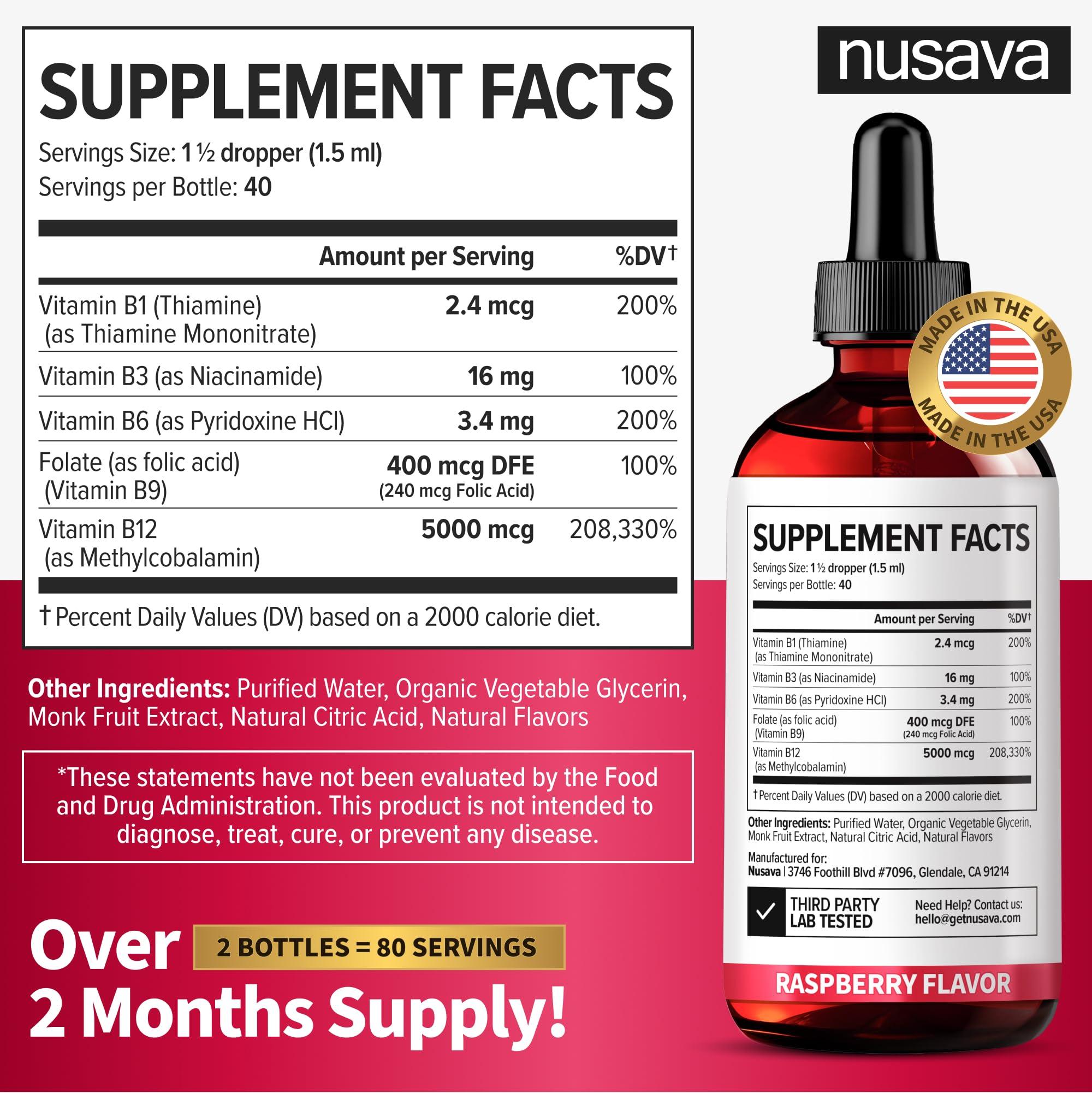 NUSAVA NUSAVA (2 Pack) Vitamin B12 and B6 Liquid Drops, Sublingual Vitamin B Complex B12 Methylcobalamin for Energy, Brain, Heart Support with 27,200 mcg, 80 Servings