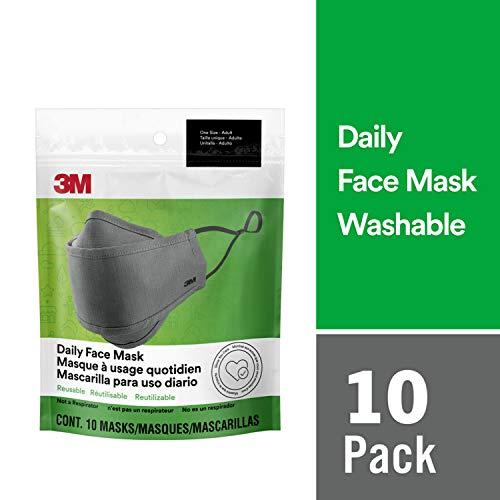 3M 3M Daily Face Mask, Reusable, Washable, Adjustable Ear Loops, Lightweight Cotton Fabric, 10 Pack, Gray