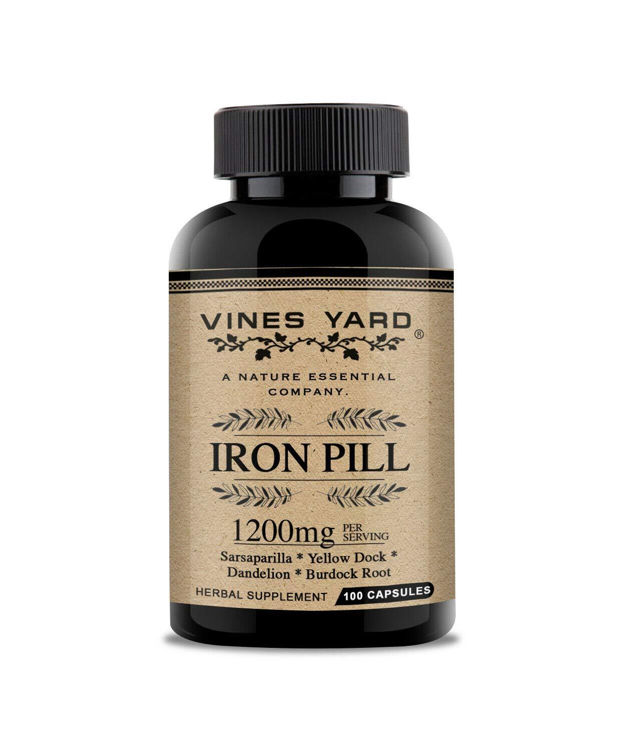 Vines Yard Vines Yard Iron Supplements | Natural Herbal Iron Pills | Organic Sarsaparilla, Dandelion, Burdock Root & Yellowdock Capsules 1200mg | 100 Pack