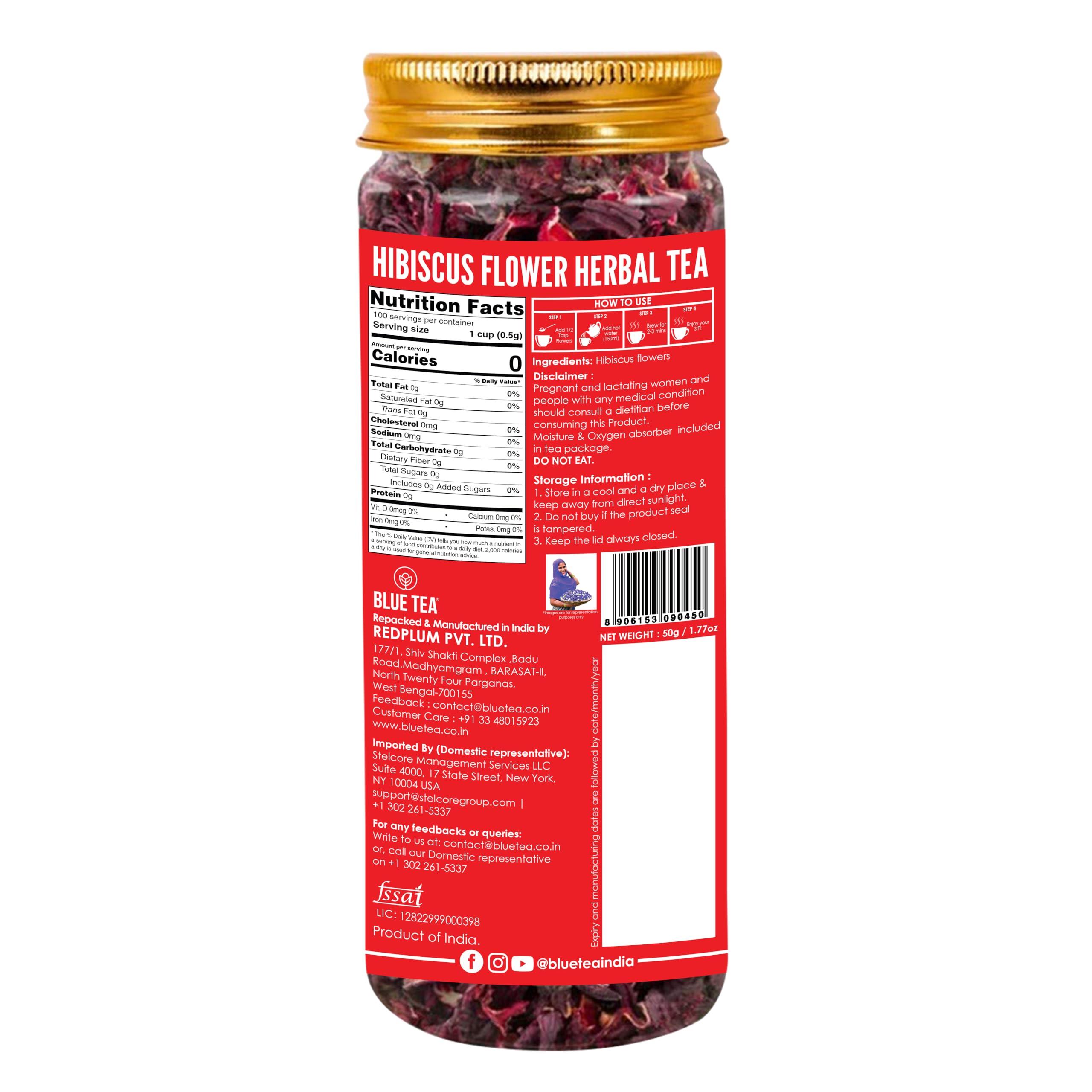 BLUE TEA BLUE TEA - Hibiscus Tea - 1.76 Oz (50+ Cups) Loose | SKIN GLOW ENHANCING TEA | Herbal Tea - Flower Based - Non-Bitter - Caffeine Free - Tangy Flavour - Vegan | Reusable Pet Jar