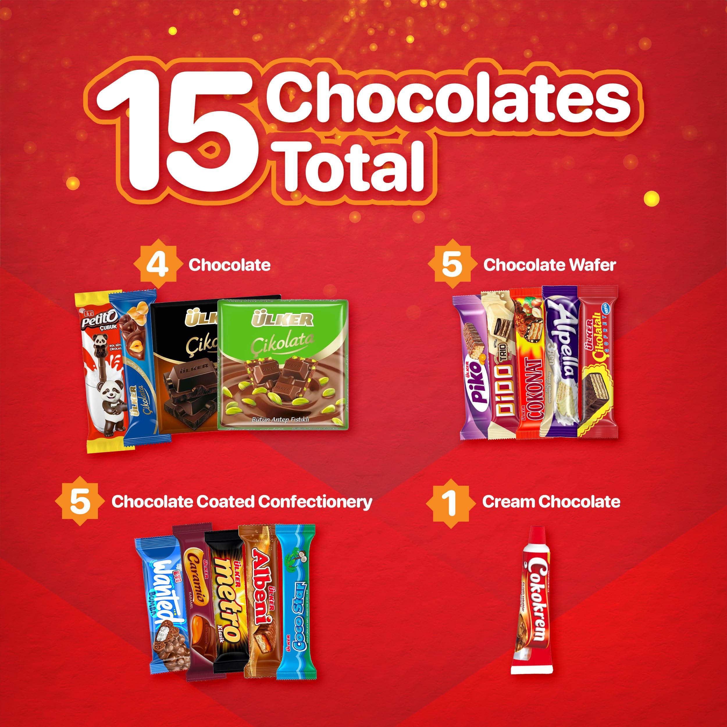 Eastanbul Eastanbul International Snack Box, 15 Chocolate Assortment Bars, Turkish Exotic Snacks, Assorted Candy Variety Pack of Foreign Exotic Candy Box of Assorted Chocolate