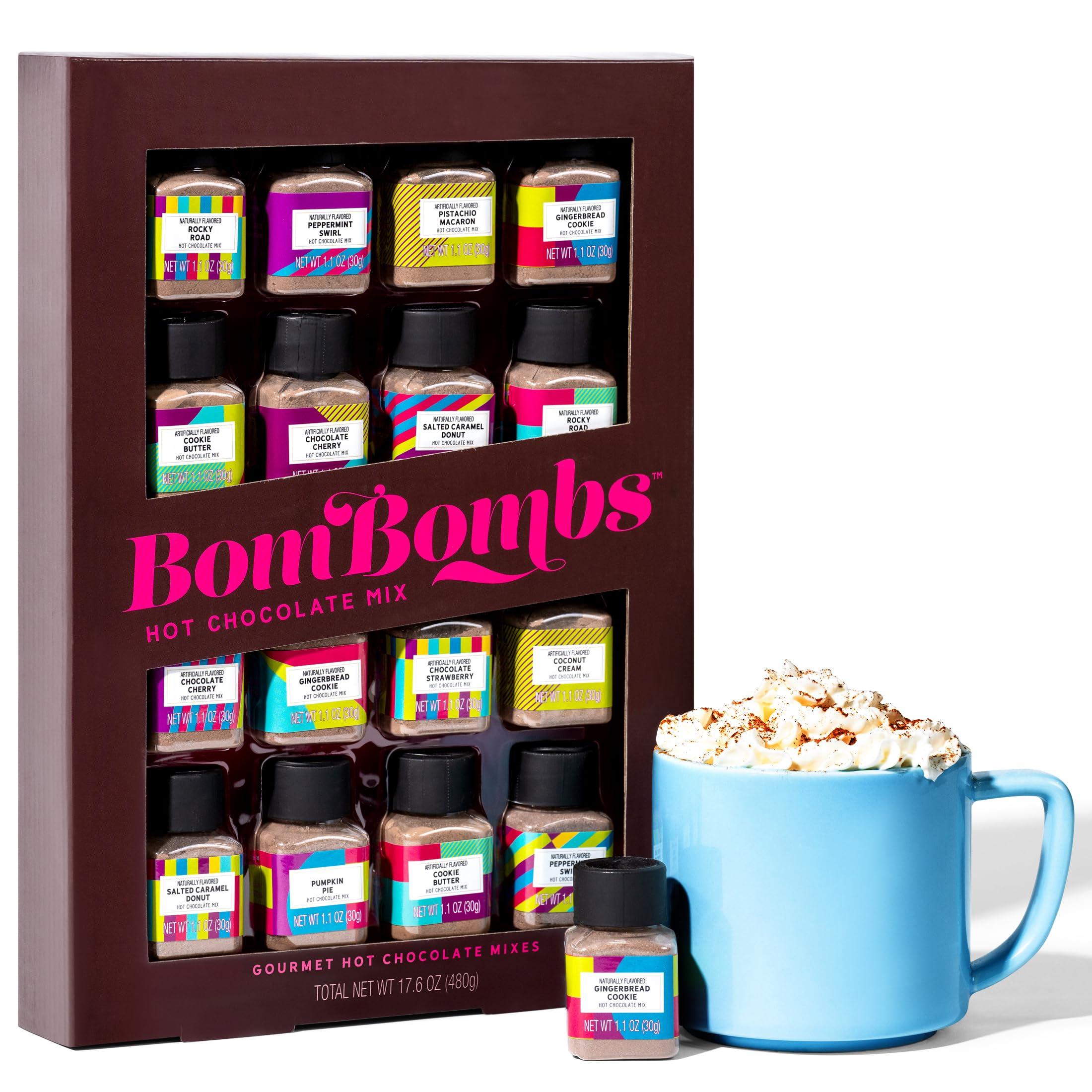 Thoughtfully BomBombs, Hot Chocolate Mix Gift Set in Mini Bottles, Flavors Include Rocky Road, Pumpkin Pie, Chocolate Cherry, Peppermint Swirl, Salted Caramel Donut & More, Sampler Set of 16