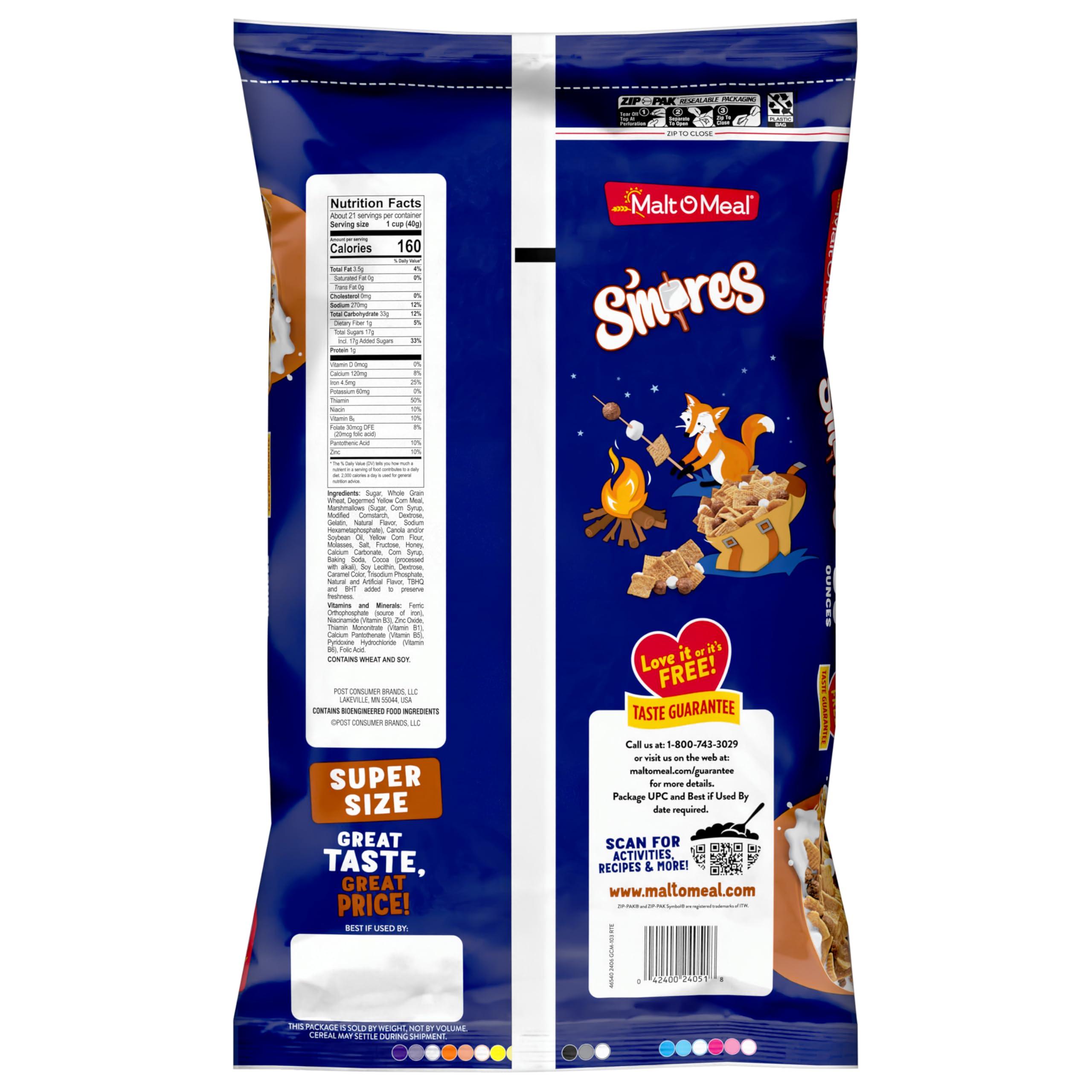 Malt-O-Meal Malt-O-Meal S\'mores Breakfast Cereal, Smores Cereal with Honey Graham Squares and Chocolatey Puffs and Marshmallow Bits, Large Cereal for Family, 30 OZ Resealable Cereal Bag