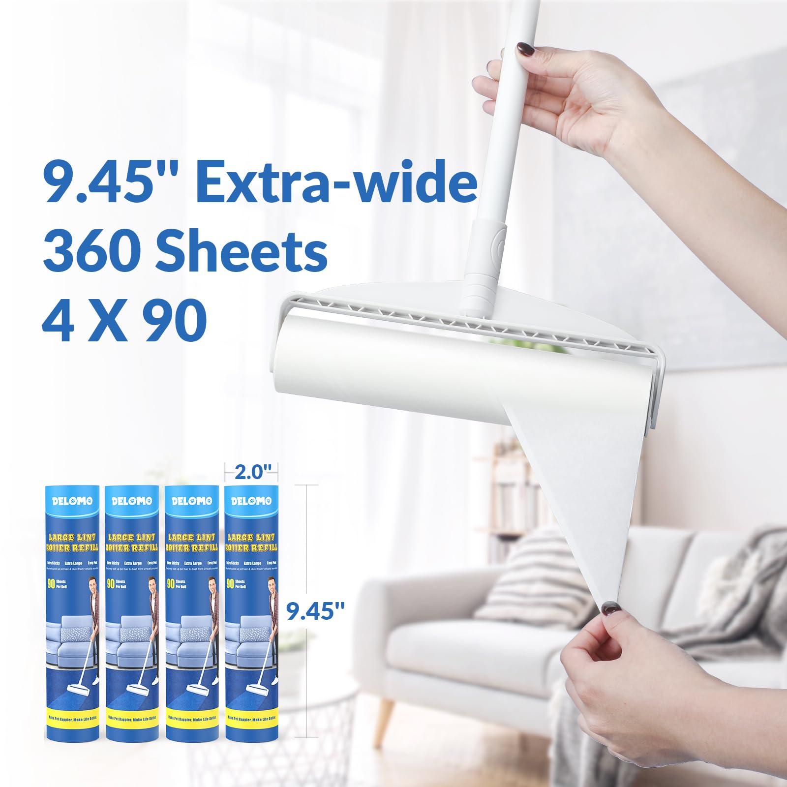 DELOMO Large Lint Rollers for Carpet, Sticky Rollers for Floor DELOMO 9.45 in with 3 Extendable Handle,Long Handle Sticky Mop for Cleaning Carpets, Cars, Clothing, and Pet Hair