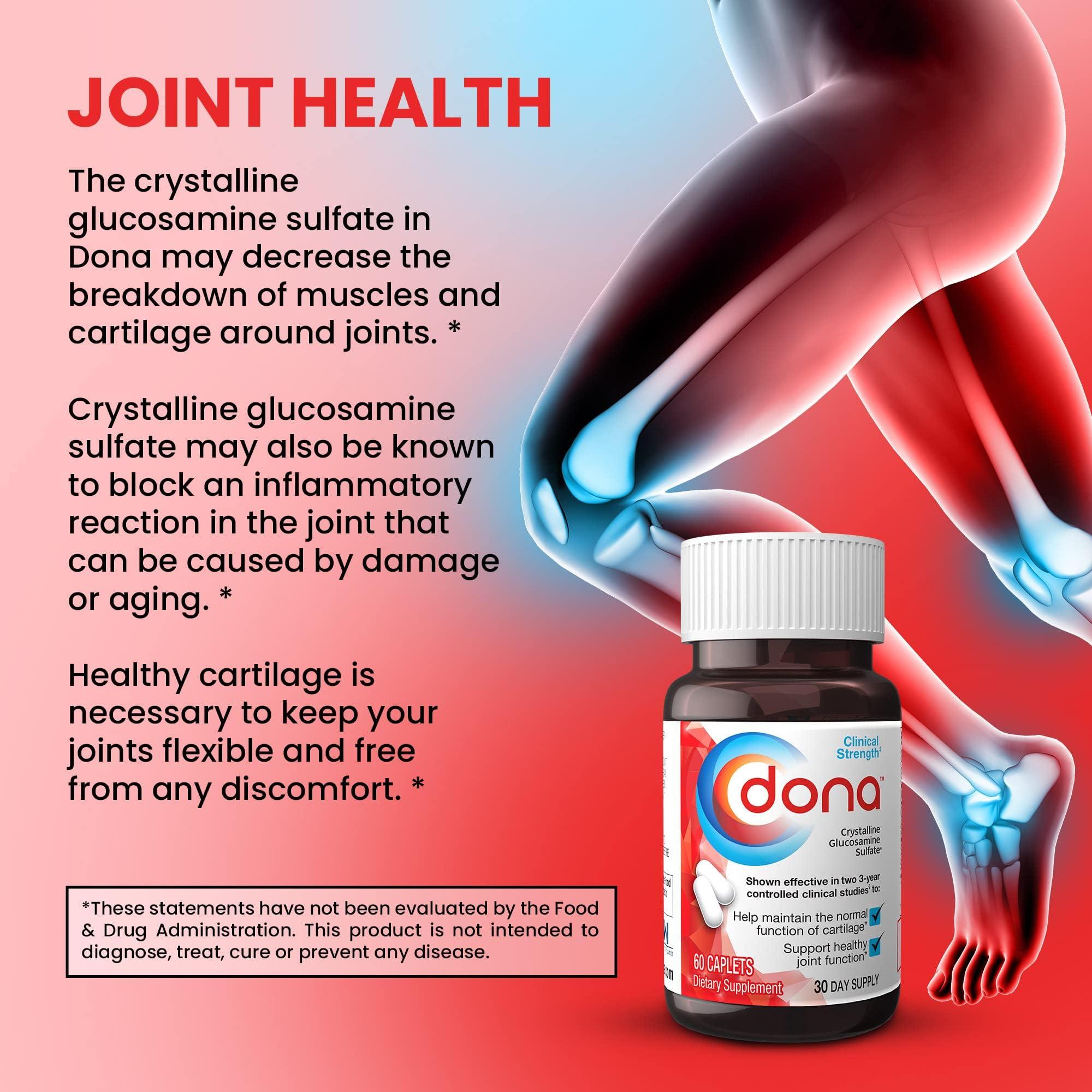 Dona Dona Crystalline Glucosamine Sulfate, 750 Mg, Joint Supplement Pills for Knee Comfort & Joint Health Support, 750 Mg, 60 Count (2 Pack).