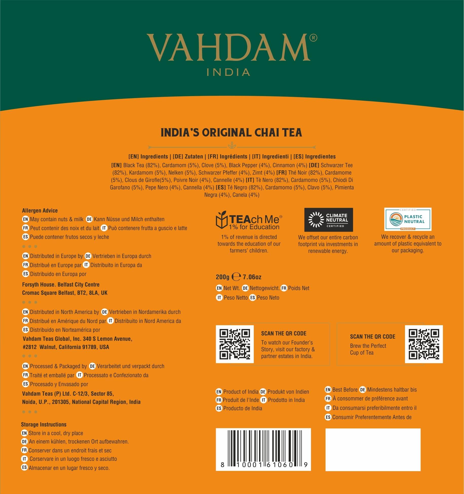 VAHDAM VAHDAM, India\'s Original Masala Chai Tea Bags (100 Count) Non GMO, Gluten Free, No Added Flavoring | Blended w/Exotic Spices | Whole Leaf Tea Bags | Resealable Ziplock Pouch
