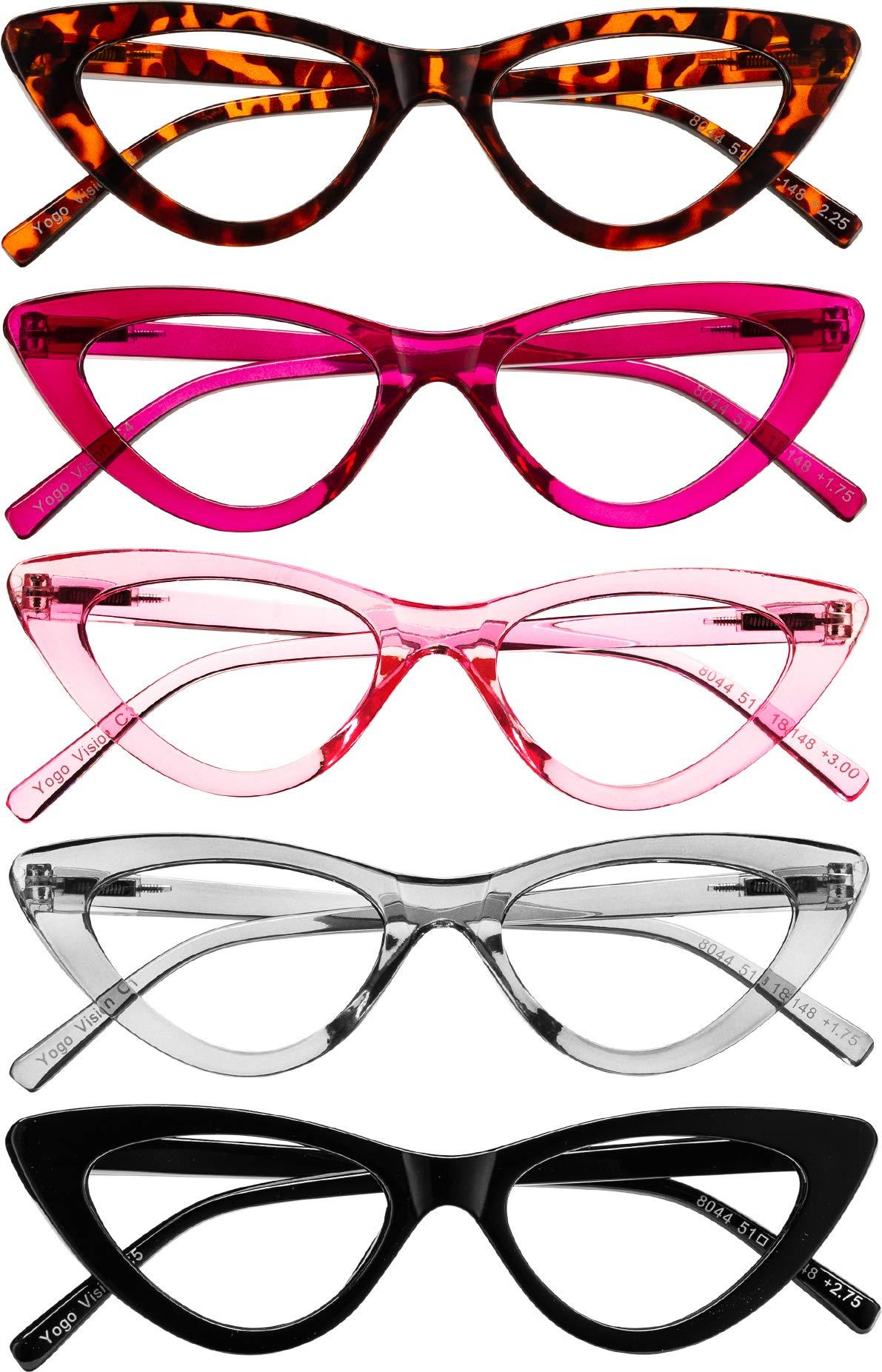 Yogo Vision Yogo Vision Reading Glasses Readers for Women Cateye Eyeglasses and Light Spring Hinge Frame Set of 5: Black, Grey, Pink. Hot Pink, Brown Havana 2.25