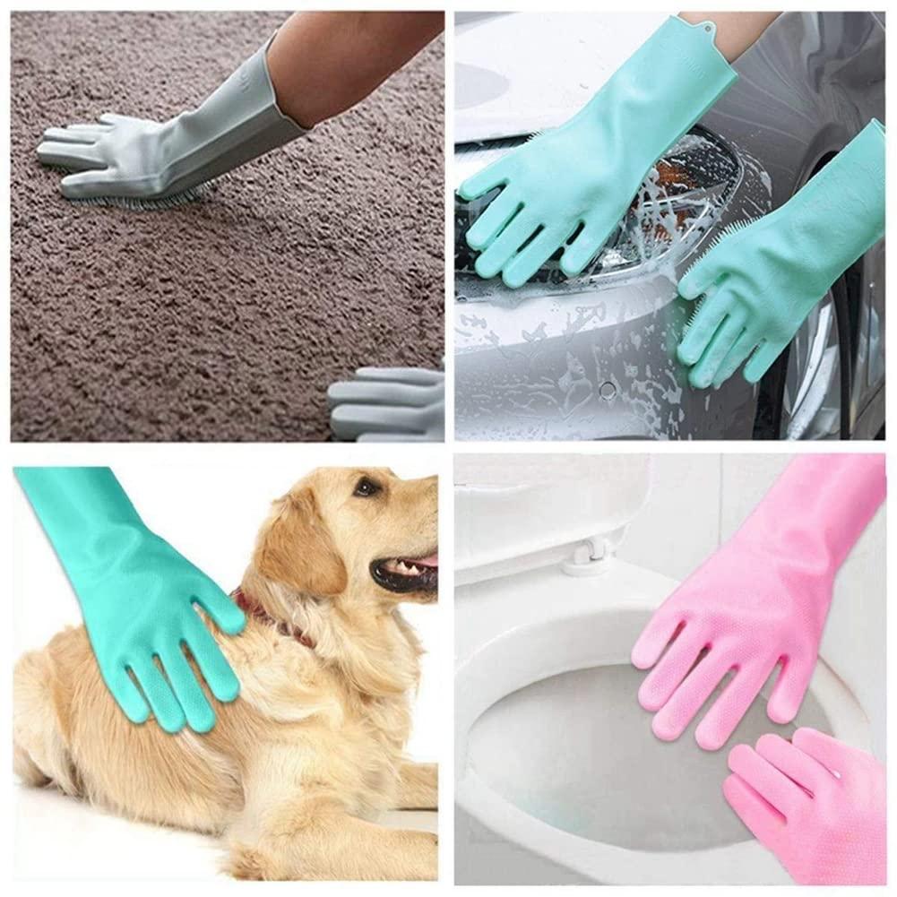 Helenhouse Dishwashing Cleaning Gloves Silicone Rubber Sponge Gloves Household Scrubber Kitchen Cleaning Tools Kitchen (Blue)