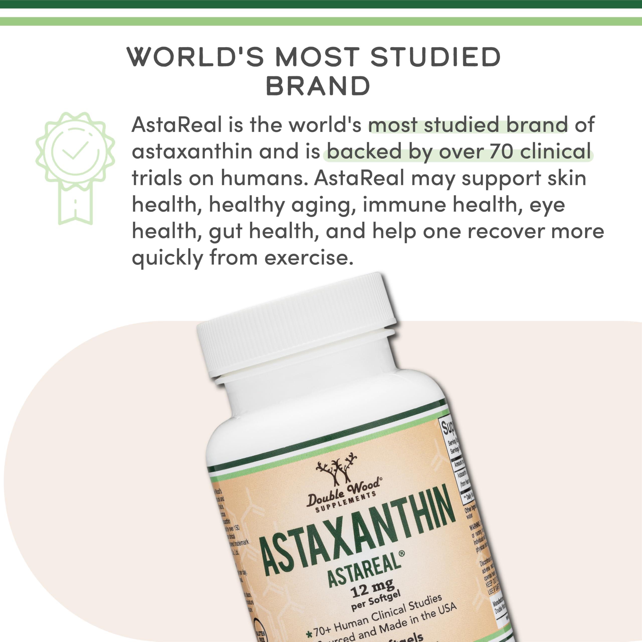 Double Wood Supplements Astaxanthin 12mg Max Strength (AstaReal: Natural Patented Astaxanthin with 70+ Human Clinical Trials - World's Most Studied Brand) Grown, Harvested, and Made in The USA (Astaxantina) by Double Wood