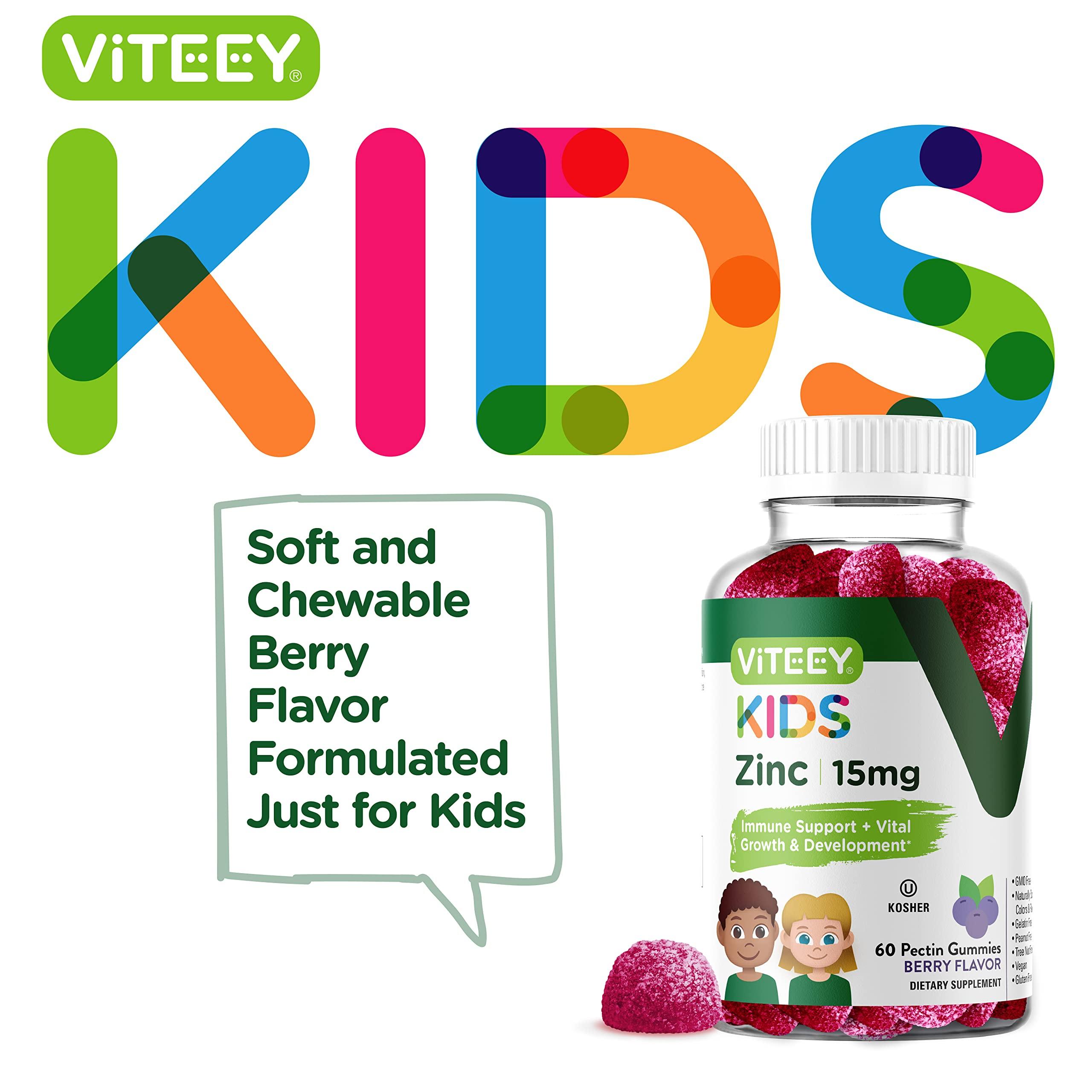 Viteey Zinc for Kids Gummies, 15mg - Immune Support for Kids & Teens - Powerful Natural Antioxidant, Kids Zinc Vitamin Supplement - Vegan, Gelatin Free, Gluten Free - Tasty Chewable Berry Flavor Gummy