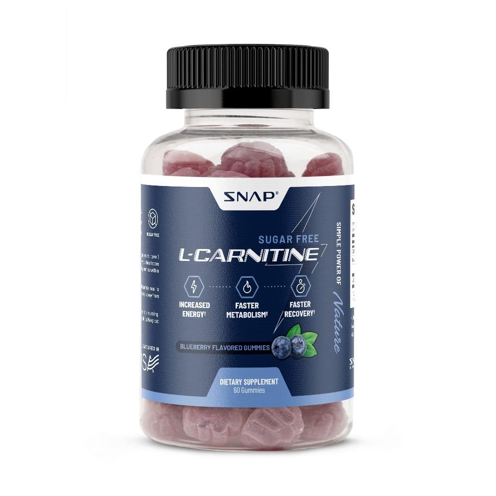 Snap Supplements Sugar Free L Carnitine 500mg Gummy - Natural Pre Workout L-Carnitine Supplement - Increased Energy, Faster Recovery, Boost Metabolism, Pre Workout for Women & Men, Blueberry Flavor (60 Gummies)