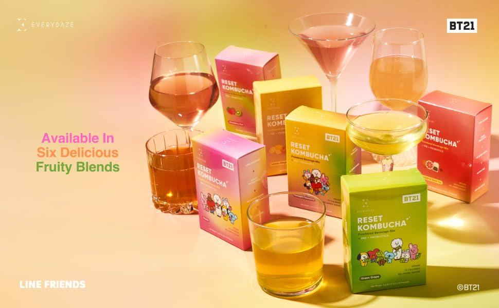 E EVERYDAZE Everydaze Reset Kombucha Tea Powdered Beverage Mix | 10 Sticks | Prebiotics + Probiotics | Vegan | No Added Sugar, Gluten Free, Sparkling Powder Drink Pack (Strawberry Kiwi)