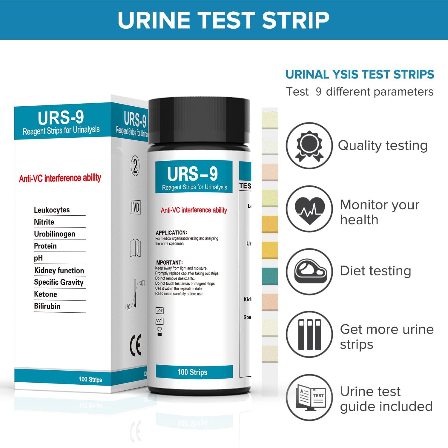 Palinoia URS 9-in-1 Urine Test Strips 9 Parameters Testing UTI, Protein/Leukocytes/Nitrite/pH, 100 CT
