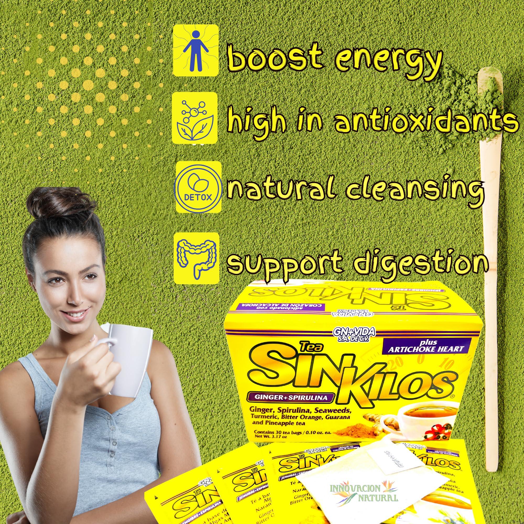 GN+Vida SinKilos Detox Tea GN+Vida Powerful Cleansing Tea with Ginger, Spirulina, Turmeric Orange and Pineapple Healthy Antioxidant Formula, Caffeine Free All Natural Digestive Te Panza y Grasa Herbal | 30 Ct