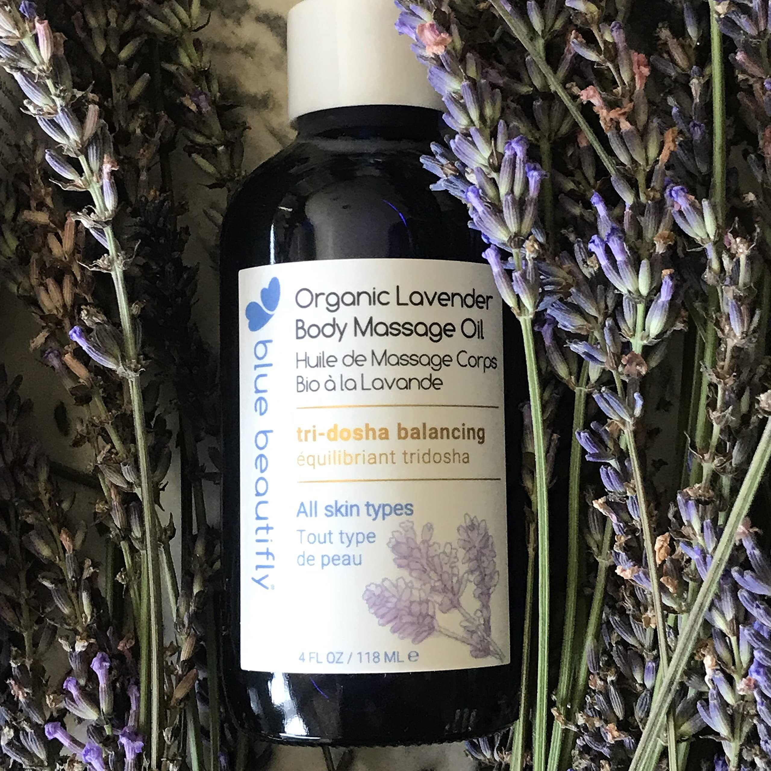 Blue Beautifly Blue Beautifly USDA Certified Organic Lavender-Infused Body Oil For Women and Men | Super Moisturizing for Skin. Super Calming for Mind. | Harmonizes Doshas with Ayurvedic Botanical Extracts | 4 fl oz
