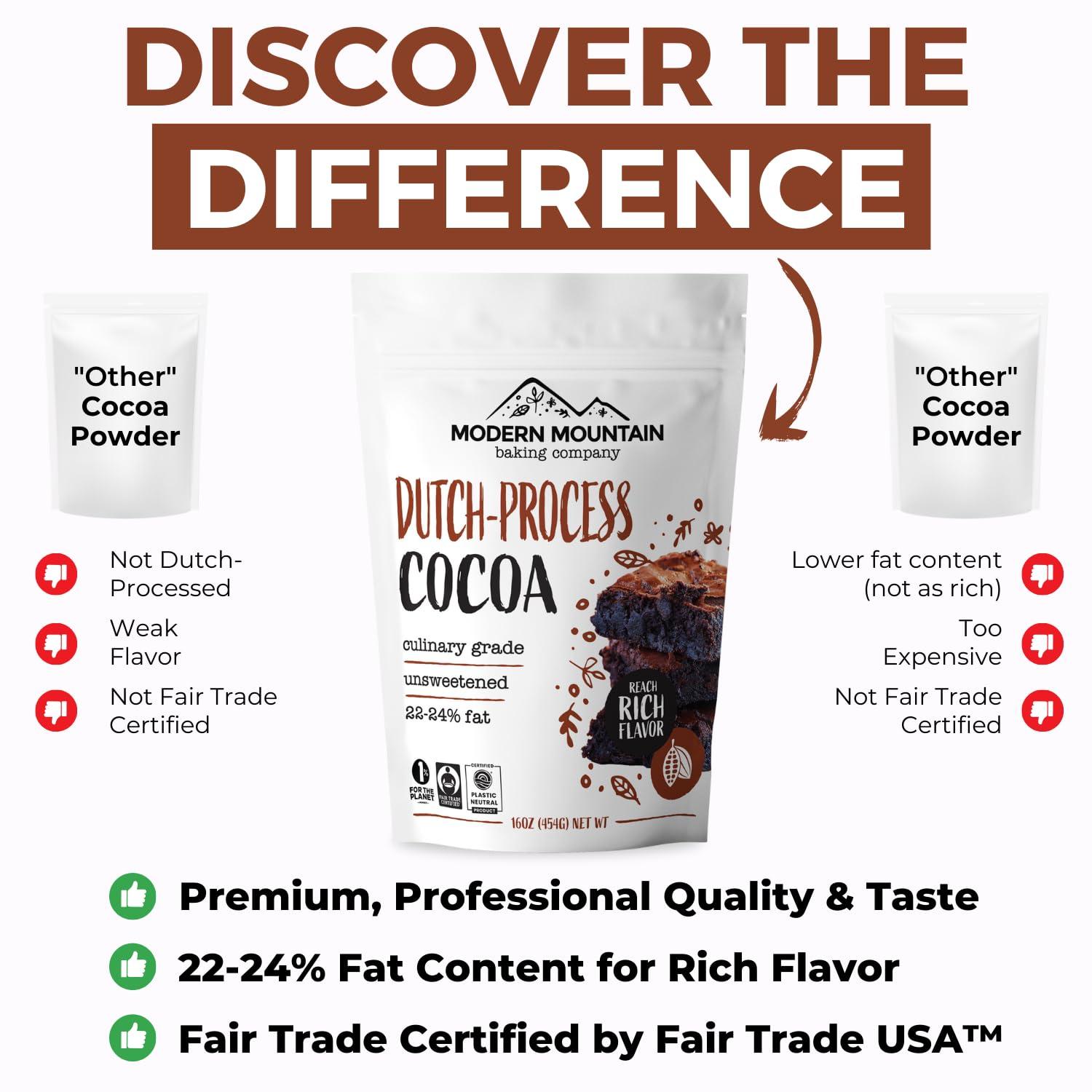 MODERN MOUNTAIN Cocoa Powder (1 lb) Dutch Processed Cocoa Powder, Unsweetened, Extra Rich Cocoa Flavor, 22-24% Fat, Premium Culinary Grade, Non-GMO, Perfect Cocoa for Baking and Cooking