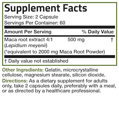 Bronson Bronson Maca Root (from 500mg 4:1 Extract Equivalent to 2000mg per Serving), Lepidium Meyenii - Non-GMO, 120 Vegetarian Capsules