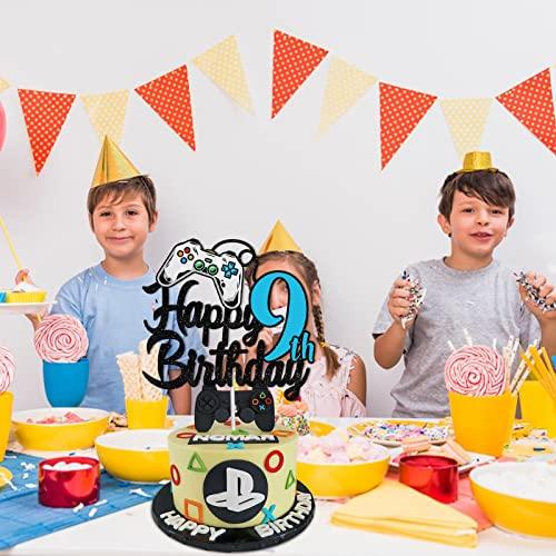 GZBJMYGS Happy 9th Birthday Cake Topper Party Video Games Decorations Black Blue Glitter - Cheers to 9 Years Level Up Theme Game On Winner Supplies for Boys or Girls