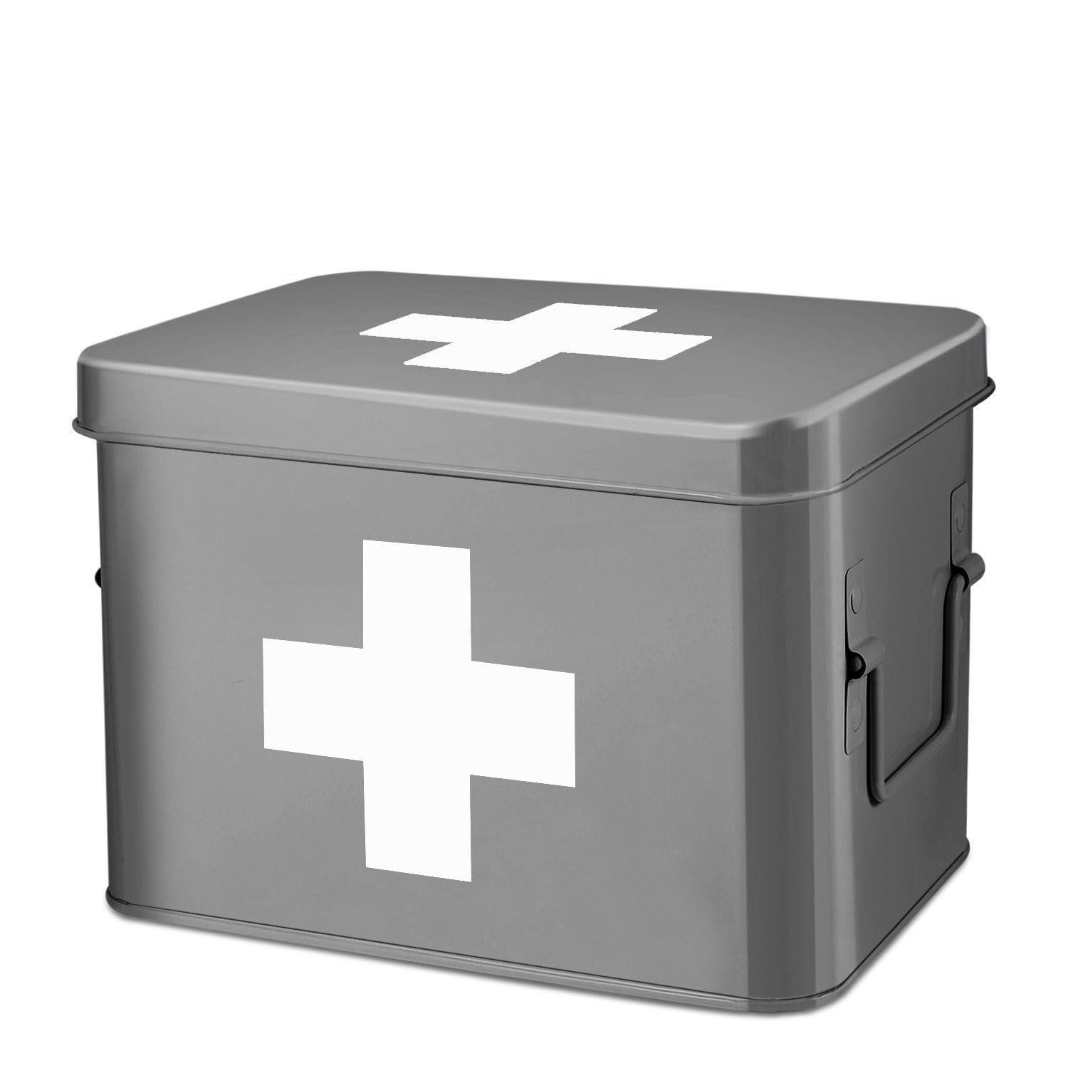 Flexzion Flexzion First Aid Box Organizer, Empty 8.5 Inch Gray Vintage First Aid Kit Tin Metal Medical Box First Aid Storage Box Container Bins with Dividers, Removable Tray and Cross Logo