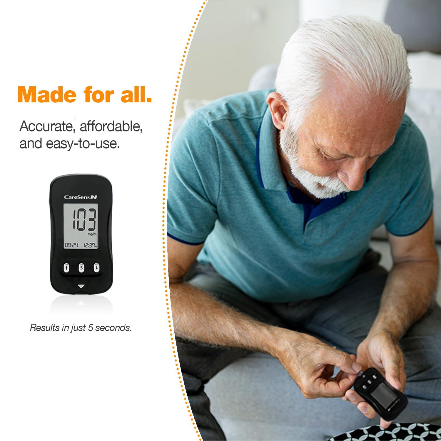 CareSens CareSens N Blood Glucose Monitor Kit with 100 Blood Sugar Test Strips, 100 Lancets, 1 Blood Glucose Meter, 1 Lancing Device, 1 Control Solution, Travel Case for Diabetes Testing