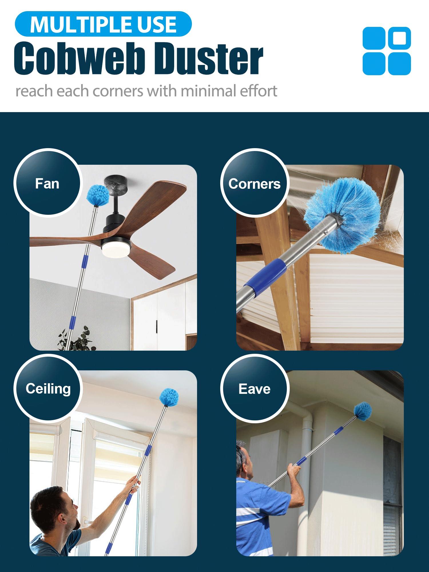 YOHSUGO Cobweb Duster with Extension Pole, Outdoor Spider Web Brush with 6 ft Long Handle, Metal Cob Web Remover for High Ceilings Fans Indoor Cleaning, Medium-Stiff Bristles Dust Brush, Lightweight Cleaner