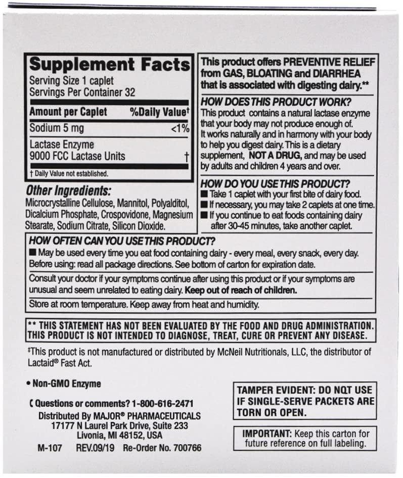 Major Major Fast Acting Dairy Aid Lactase Enzyme Supplement for Prevention of Gas Diarrhea Bloating - 32 Caplets
