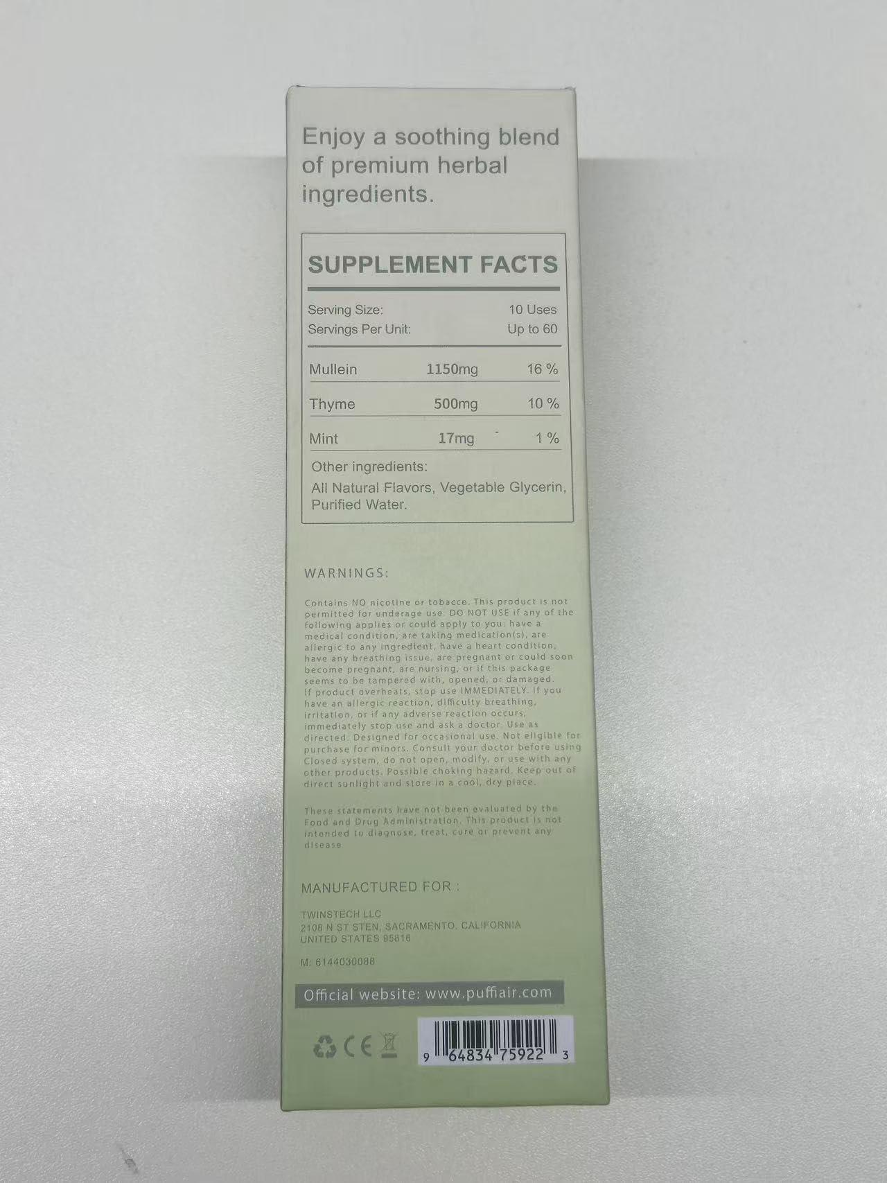 PUFFIAIR PuffiAir Herbal Diffuser Upgraded with Extracts of Mullein, Thyme and Mint for Cleansing Lungs, Improving Breathing and Oral Air Freshening