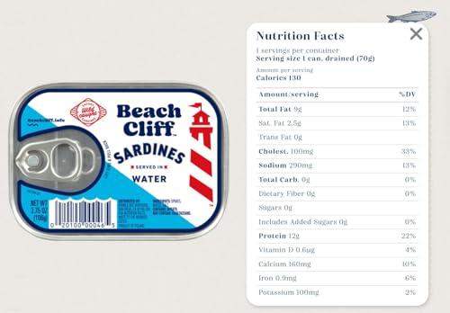 Beach Cliff Beach Cliff Sardines in Water, 3.75 oz Can (Pack of 12) - Wild Caught Sardines - 12g Protein per Serving - Gluten Free, Keto Friendly