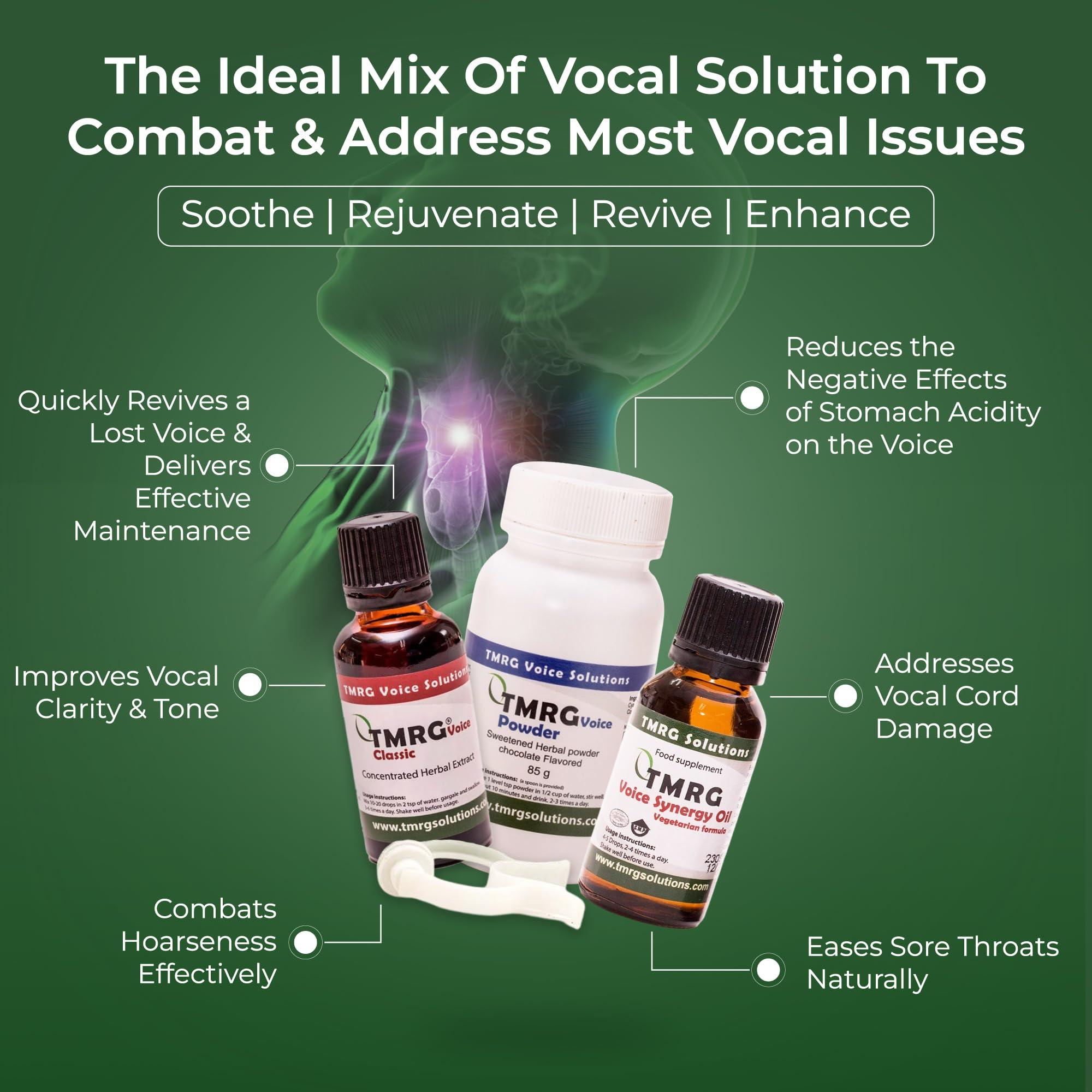 TMRG TMRG Powerful Vocal Recovery Kit - Large: Professional Herbal Remedy Featuring 30ml Voice Drops, 85g Voice Powder, 20ml Synergy Oil, and a ClipUltimate Care for Vocal Strength and Recovery.