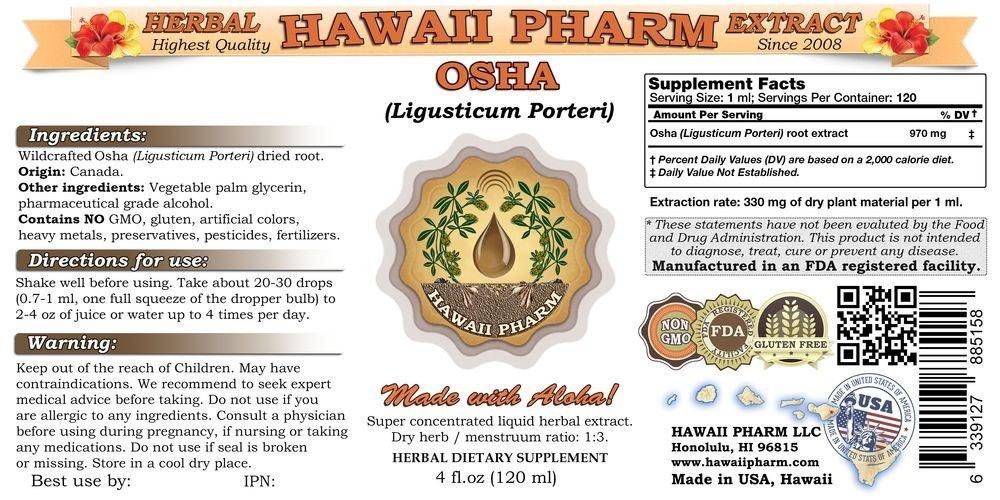HawaiiPharm OSHA Liquid Extract, OSHA (Ligusticum porteri) Tincture, Herbal Supplement, Hawaii Pharm, Made in USA, 2x4 fl.oz