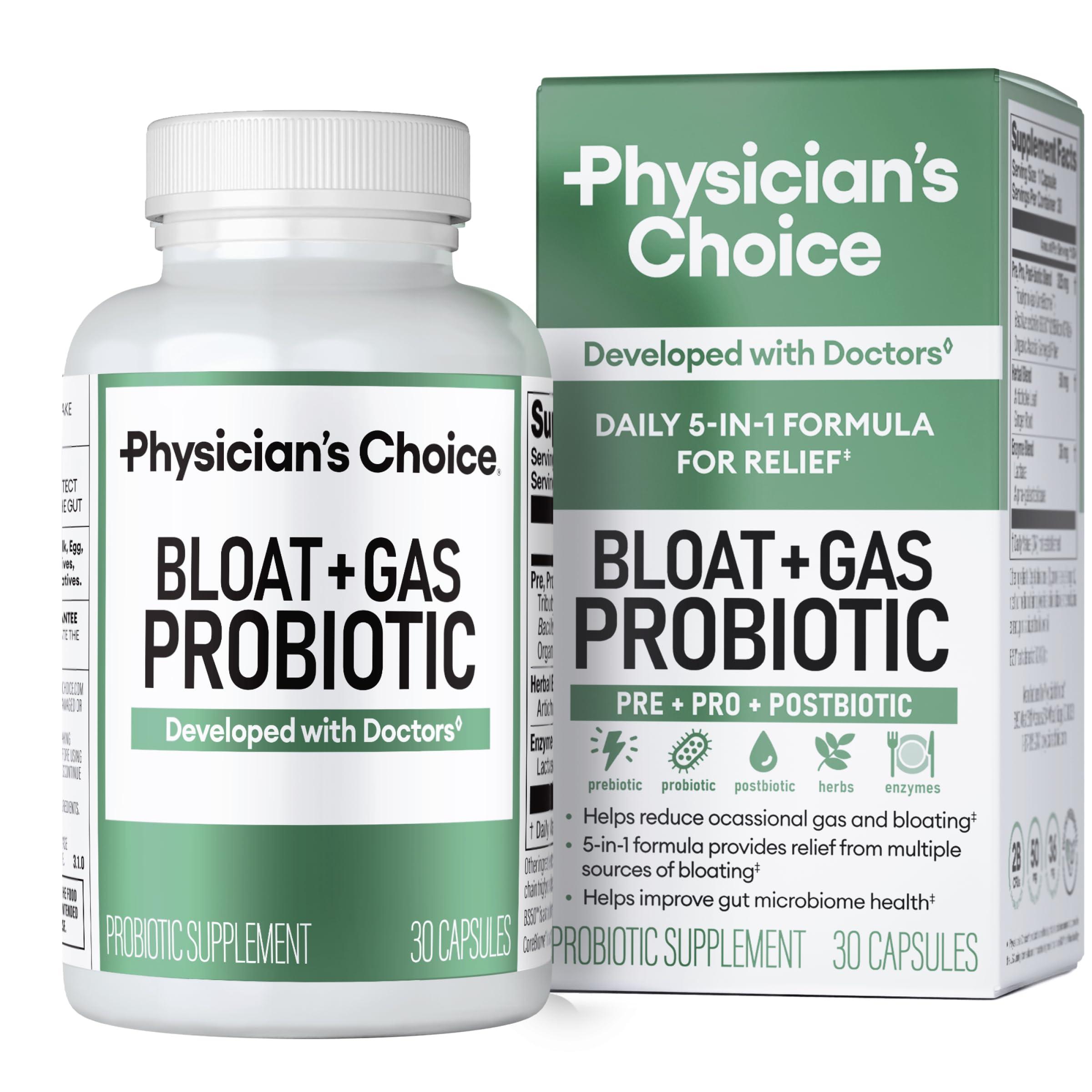 Physician\'s CHOICE Physician\'s CHOICE Bloat & Gas Probiotic 5-in-1 Proactive Support + Daily Relief - Digestion & Gut Health- Herbals, Digestive Enzymes, Post & Prebiotics - Gas Relief for Adults - Women & Men - 30ct