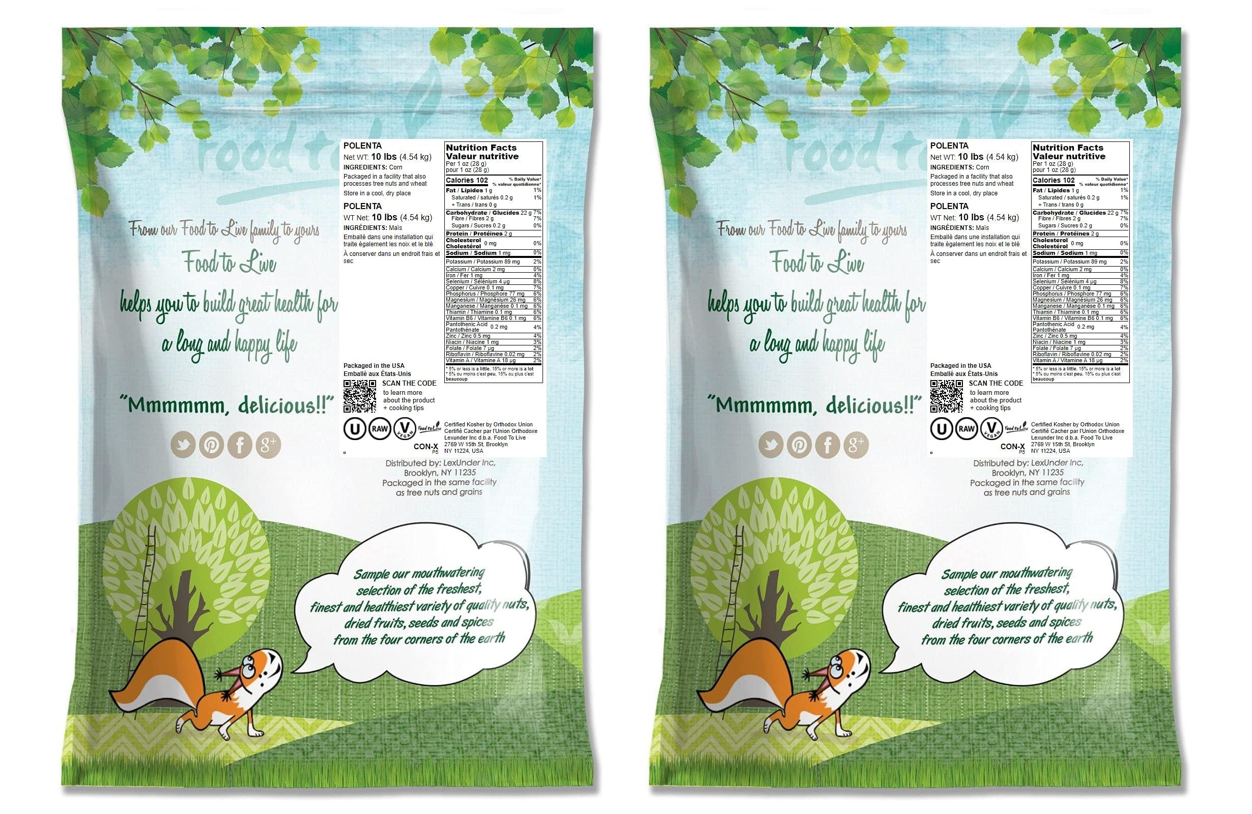 Food to Live Polenta, 20 Pounds - Yellow Corn Grits, Ground Cornmeal, Quick Cooking, Vegan, Kosher, Bulk, Great for Hot Cereal and Porridge. Low Sodium, Milled Maize, Corn Meal, Product of the USA