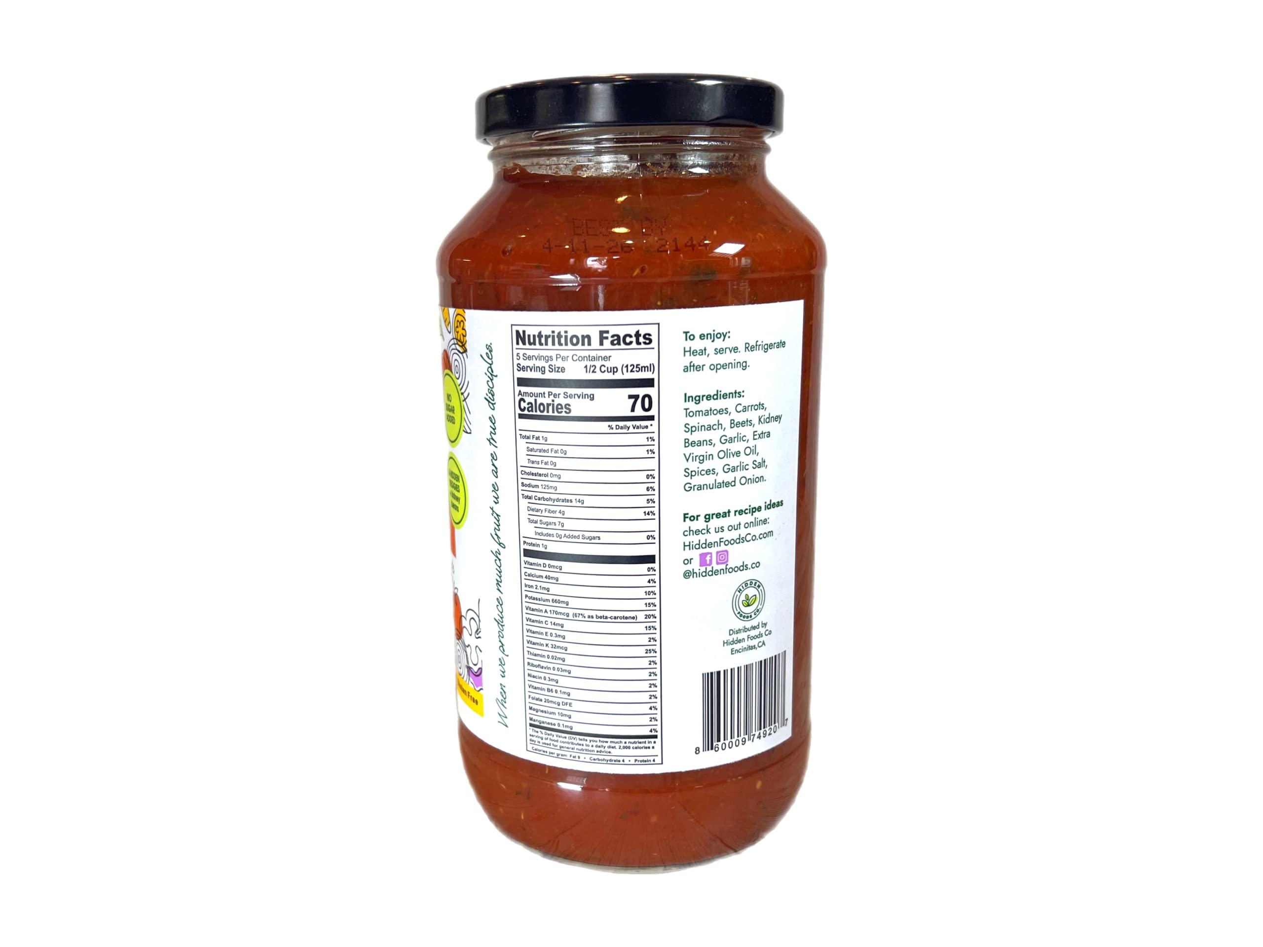 Hidden Foods Co. Hidden Foods Slow Cooked Marinara Sauce with Natural Vegetables, 24 oz. Jar, Low Carb and Low Sodium, No Sugar Added, Thick and Delicious Flavor for Pasta, Pizza, and Recipes
