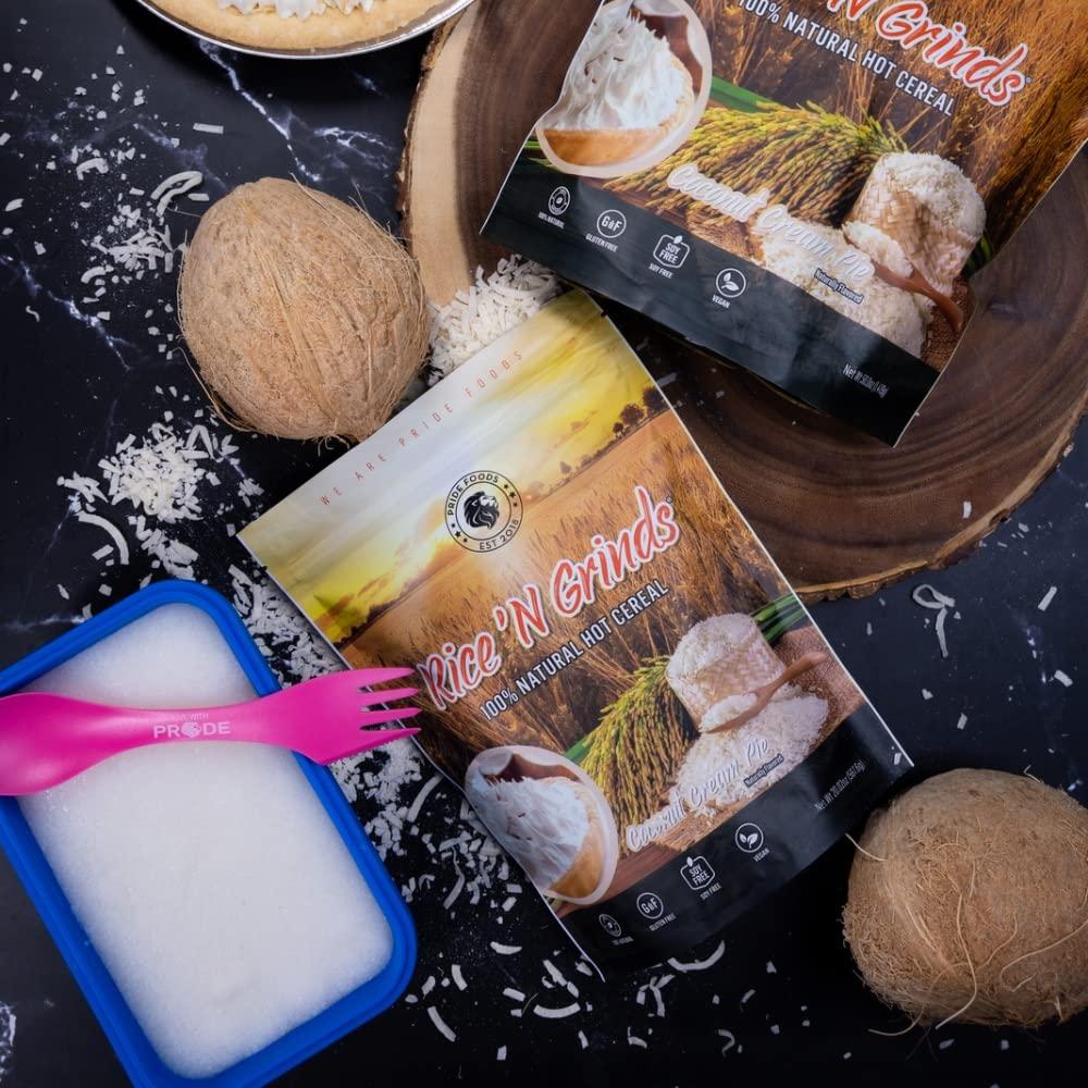 Pride Foods est 2018 Pride Foods Rice \'N Grinds Hot Cereal - Gluten-Free, Non-GMO, Vegan-Friendly, Natural Rice Breakfast, Quick & Easy Hot Meal, Low-Fat Comfort Food, 30 Servings, Coconut Cream Pie