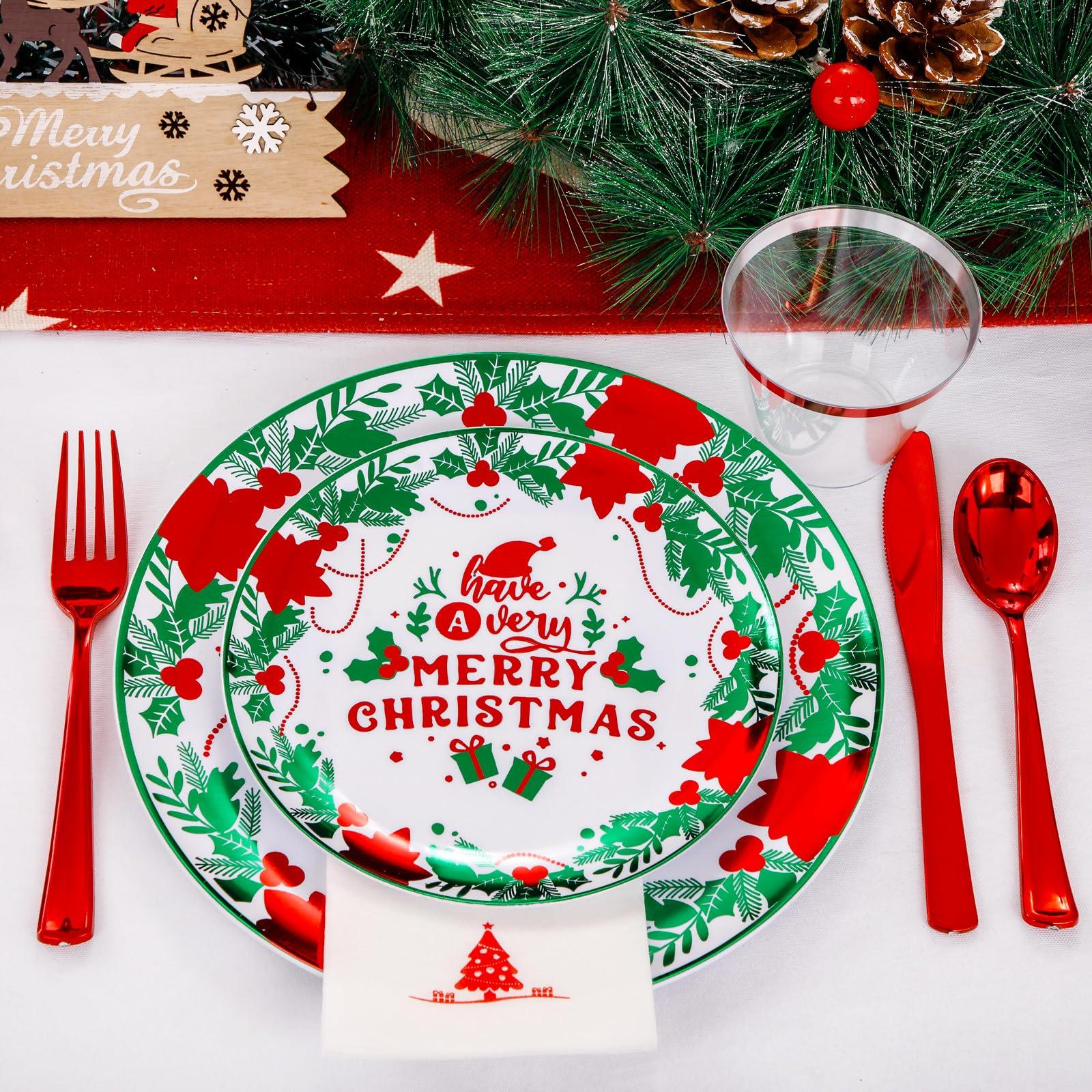 Liacere 175PCS Christmas plastic plates-White and Green Plates&Christmas Party Plates include 50 Christmas Plates 25 Cups 75 Plastic cutlery 25 Christmas Tree Napkins for Christmas
