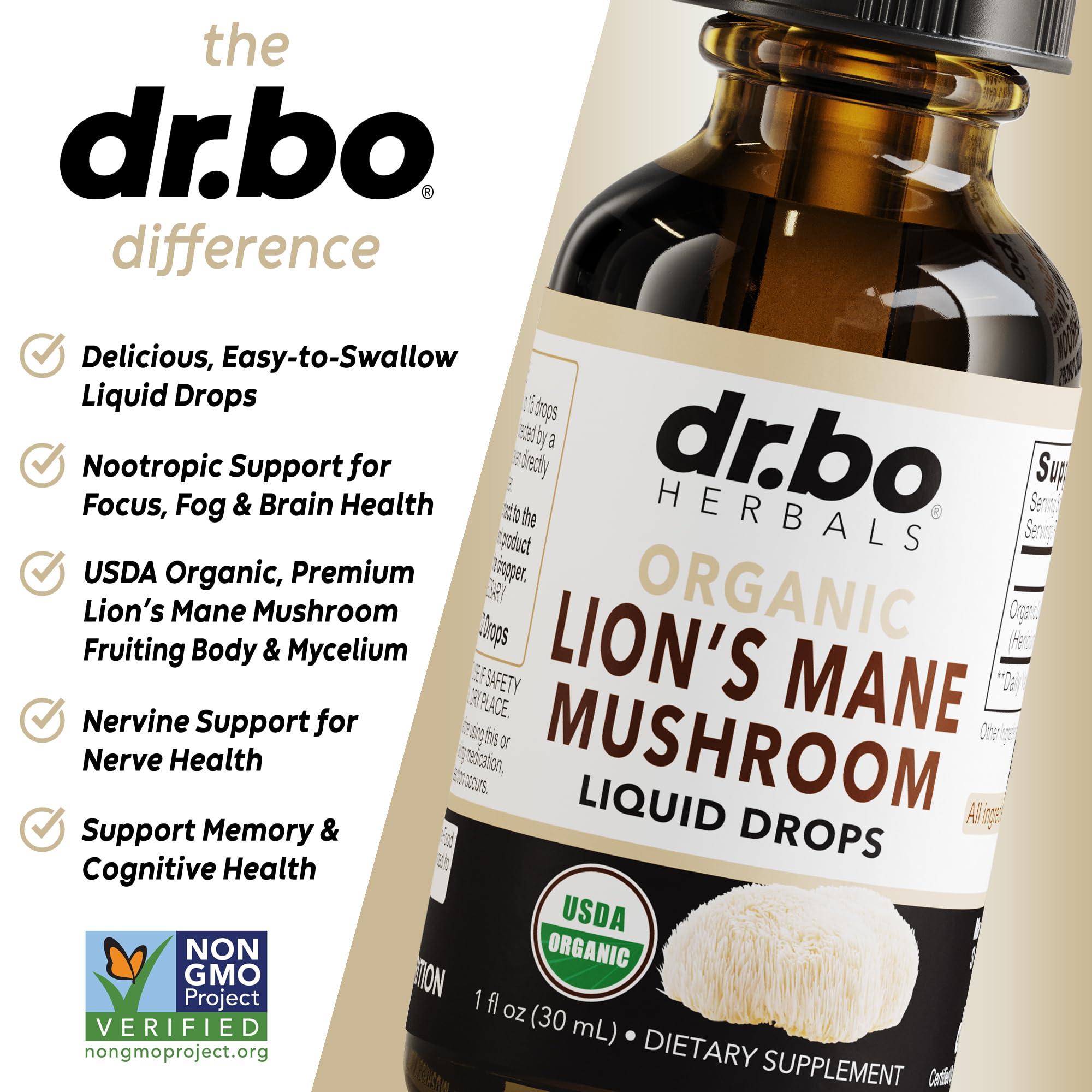 DR. BO Lions Mane Mushroom Supplement Drops - Organic Lion\'s Mane Mushroom Liquid Tincture for Focus, Fog Brain Health Supplements - Vegan Herbal Nervine Nootropic Organic Lions Liquid Supplement Extract 1oz