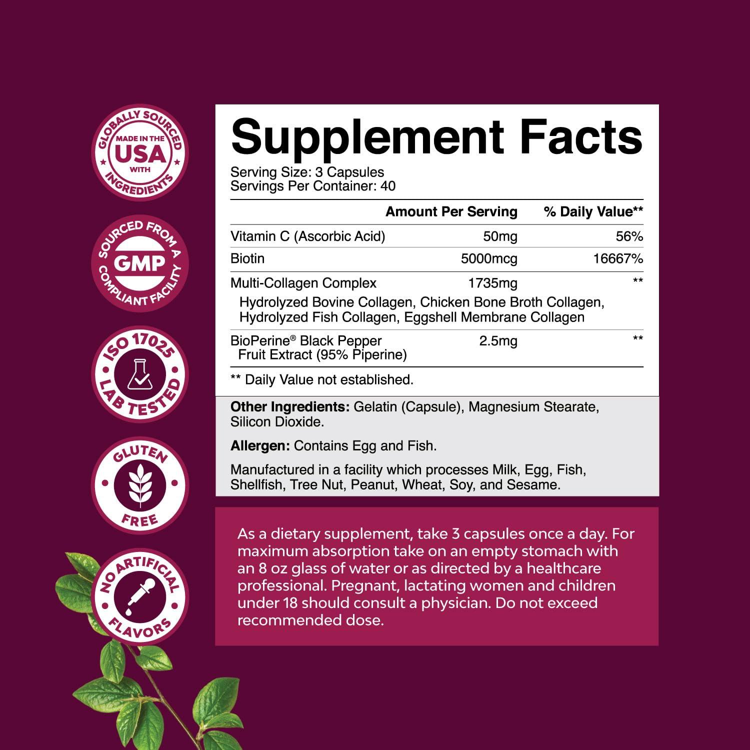 Natures Craft Advanced Multi Collagen Peptides Pills 120ct - Biotin and Collagen Supplement with BioPerine and Hair Skin Nails Vitamins for Women Men - Multi Pills for Women with Types 1 2 3 5 & X