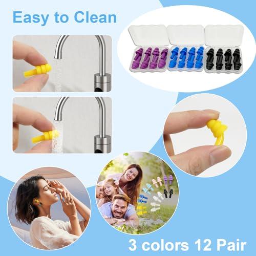AXBUS Ear Plugs for Sleeping,12 Pair Earplugs Noise Canceling Soft Silicone Ear Plug Reusable Earplugs for Sleep,Concert,Swimming,Study,Loud Noise,Snoring(Black Blue Purple)