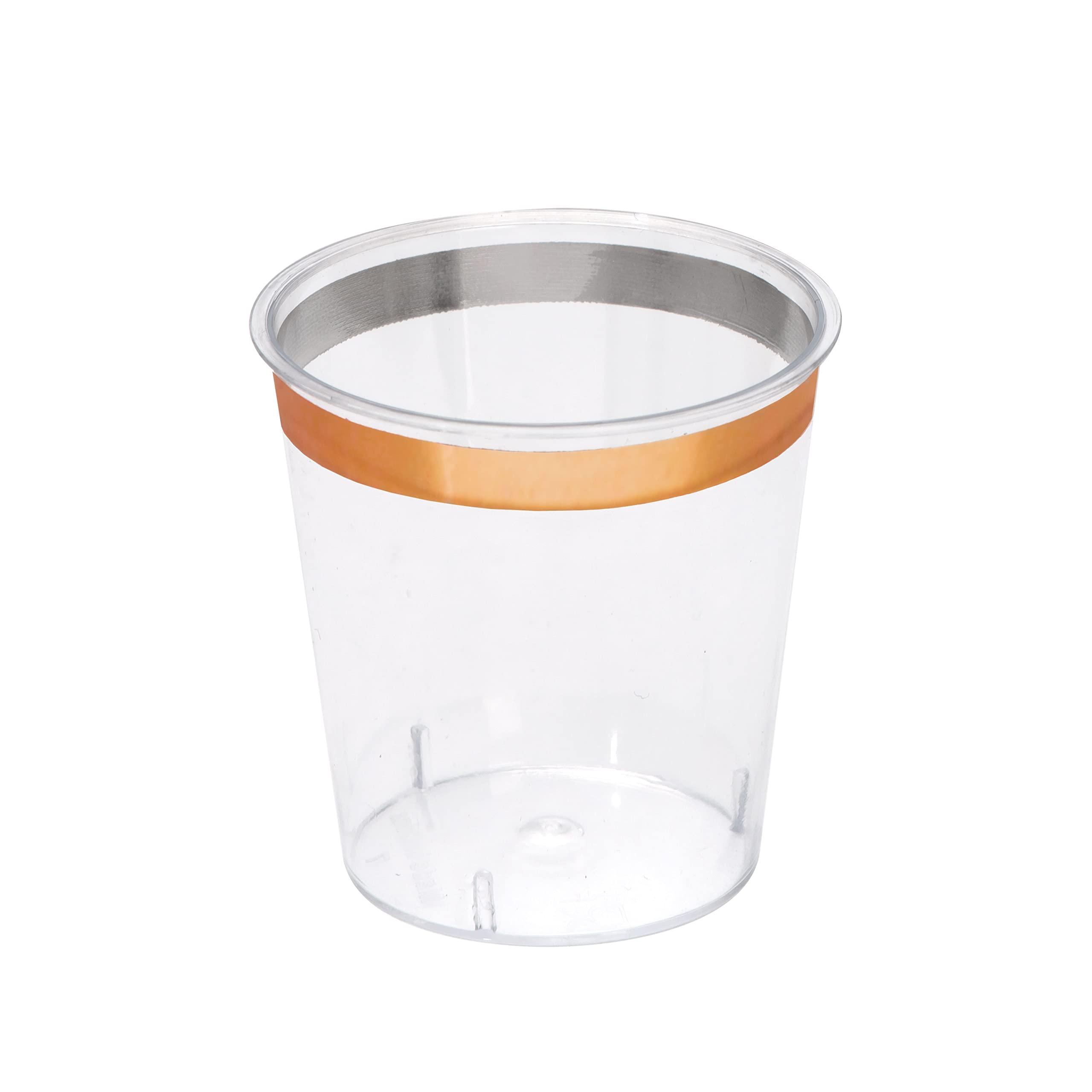 zappy zappy 1240 Pk Plastic Shot Glasses 1 oz Clear Plastic Shot Cups with Metallic Rose Gold Rim Hard Party Cups Disposable Shooter Cups Sample Wine Tasting Cups
